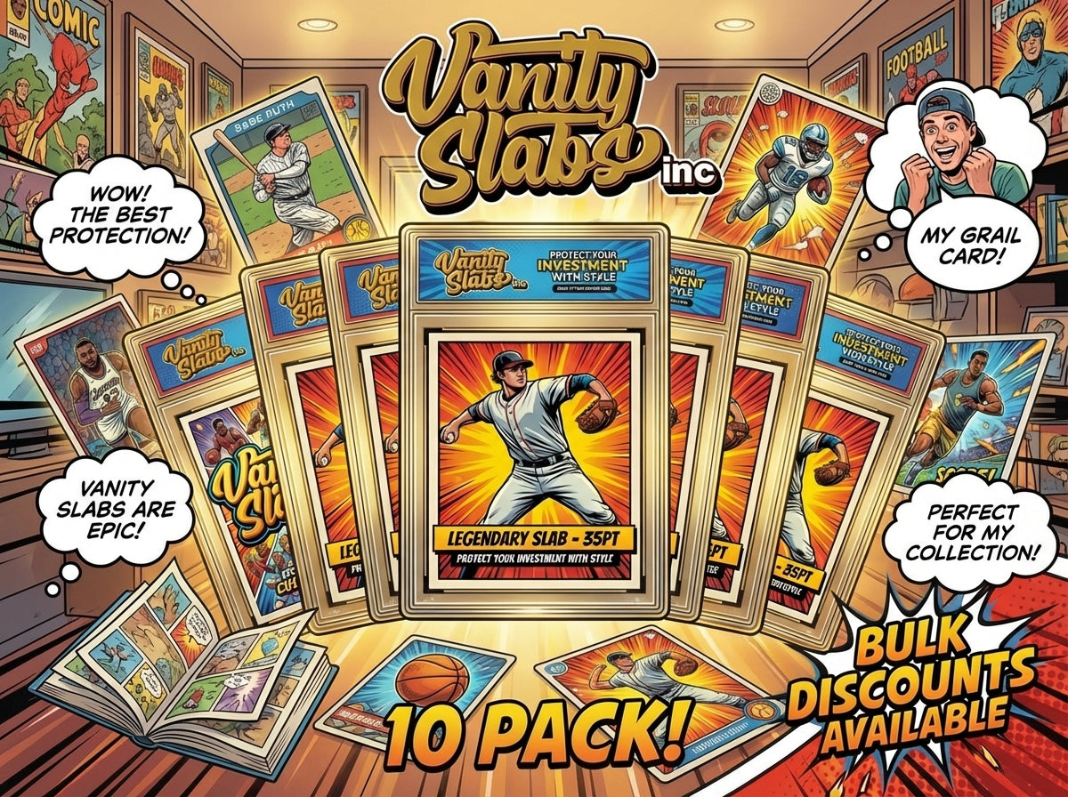 Vanity Slabs 10 Pack Bundle Includes Random Mystery Card for Baseball Football Hockey Basketball Cards