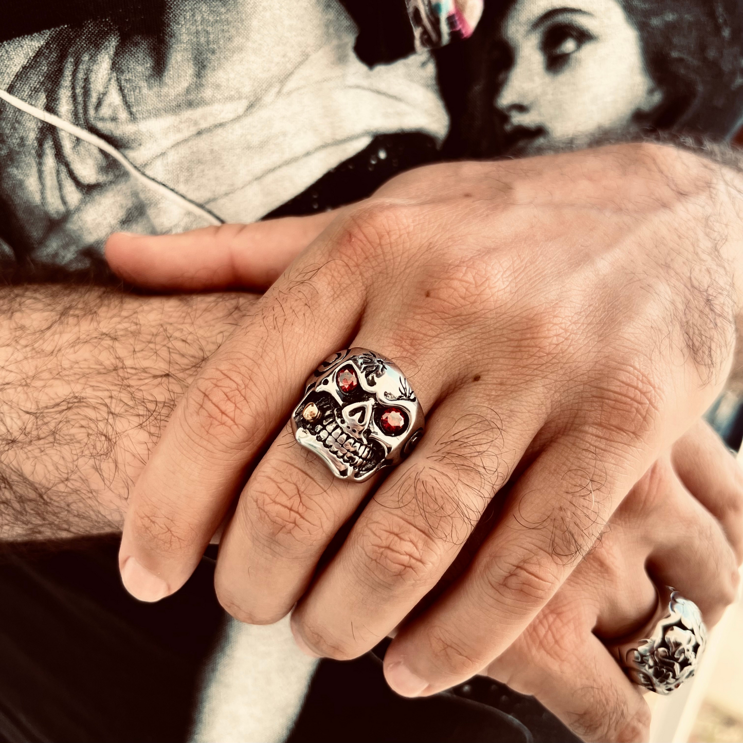 Stainless Steel Bullet Cigar Smoking Red CZ Eyed Skull Ring