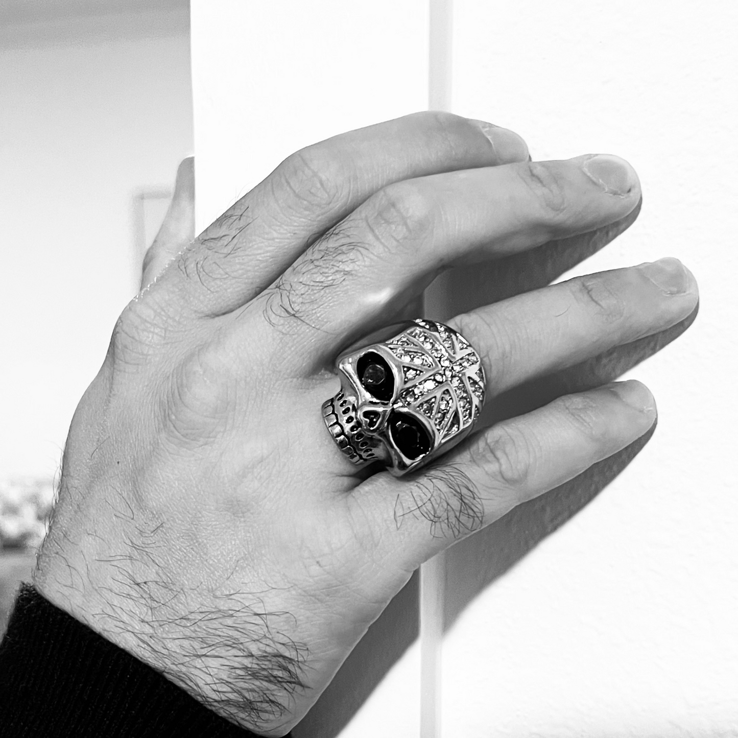 Stainless Steel Black CZ Eyed Skull With Clear CZ UK Flag Ring