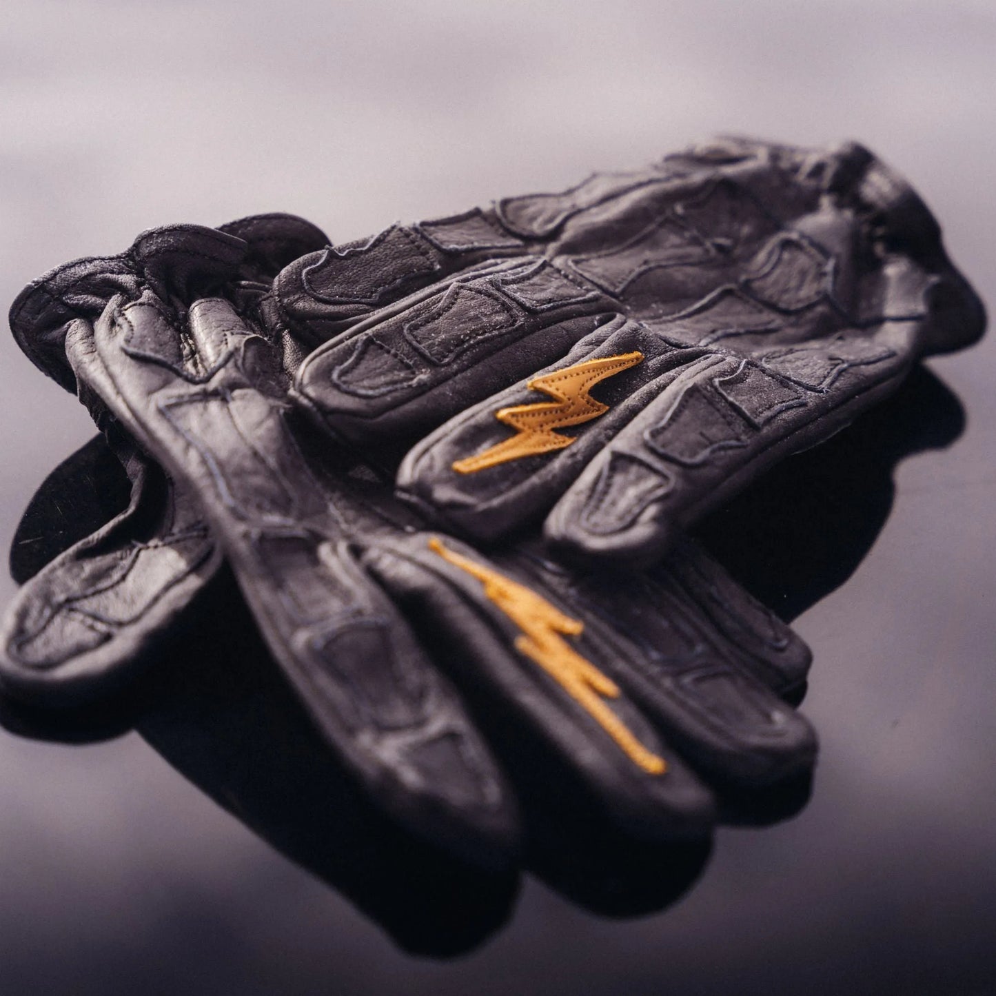 Astrapí (Lightning) Skeleton Leather Motorcycle Glove - Black on Black