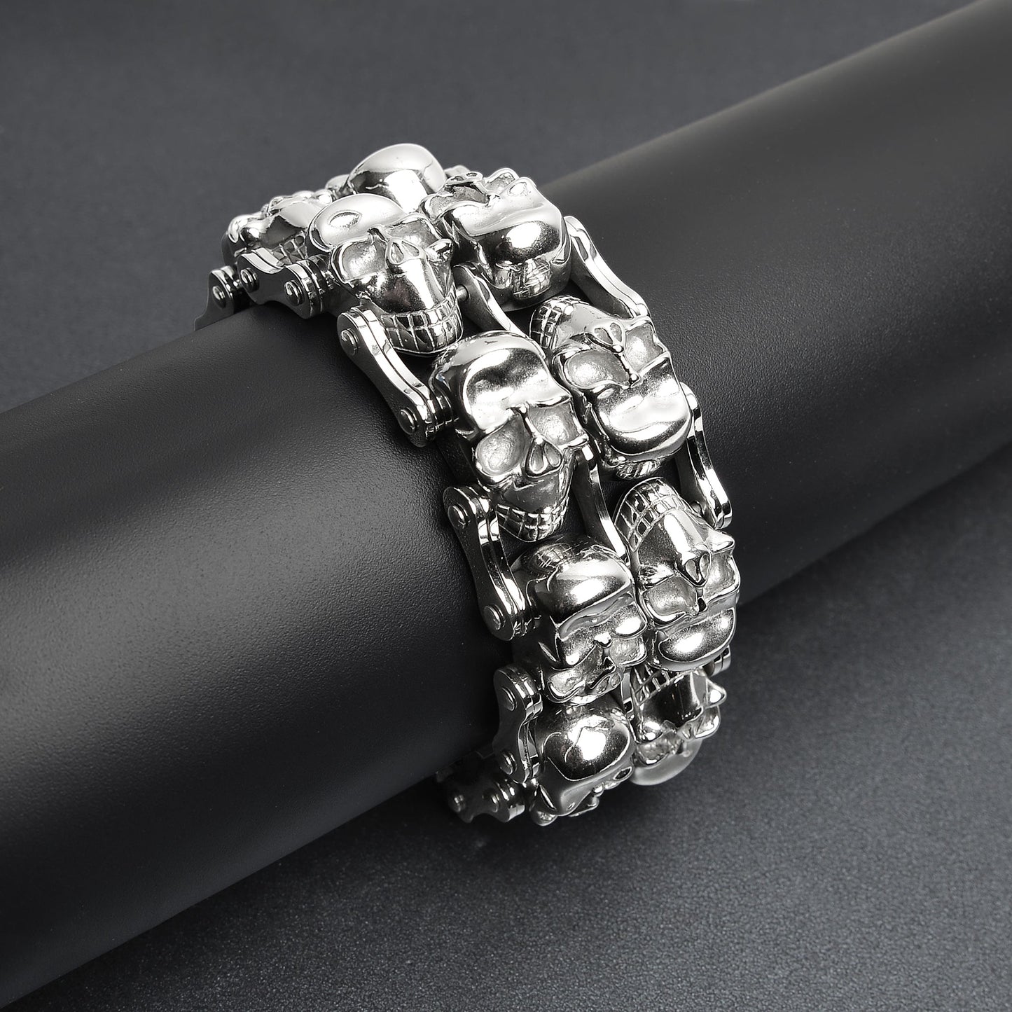 Stainless Steel Double Skulls Alternating Bike Chain Bracelet