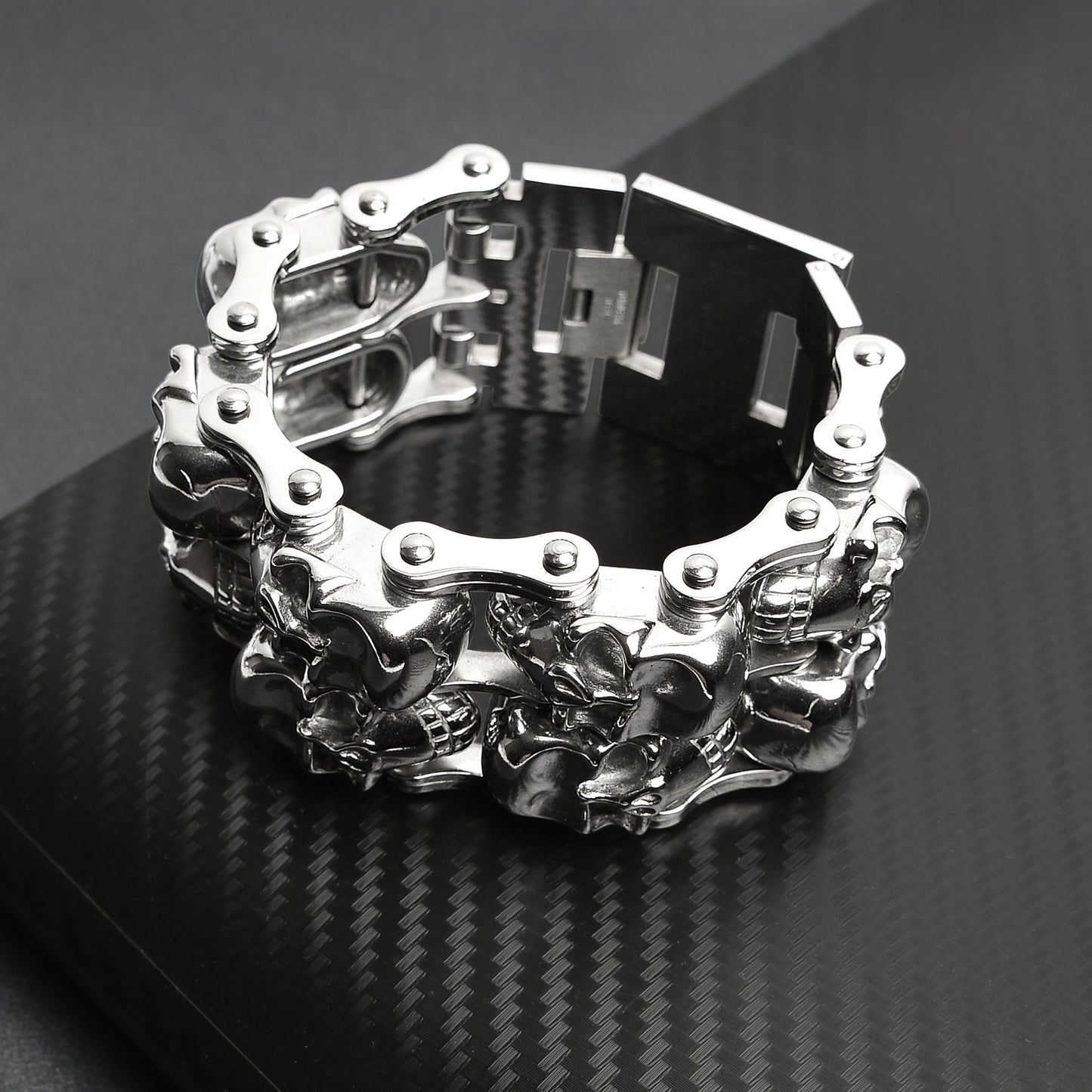 Stainless Steel Double Skulls Alternating Bike Chain Bracelet