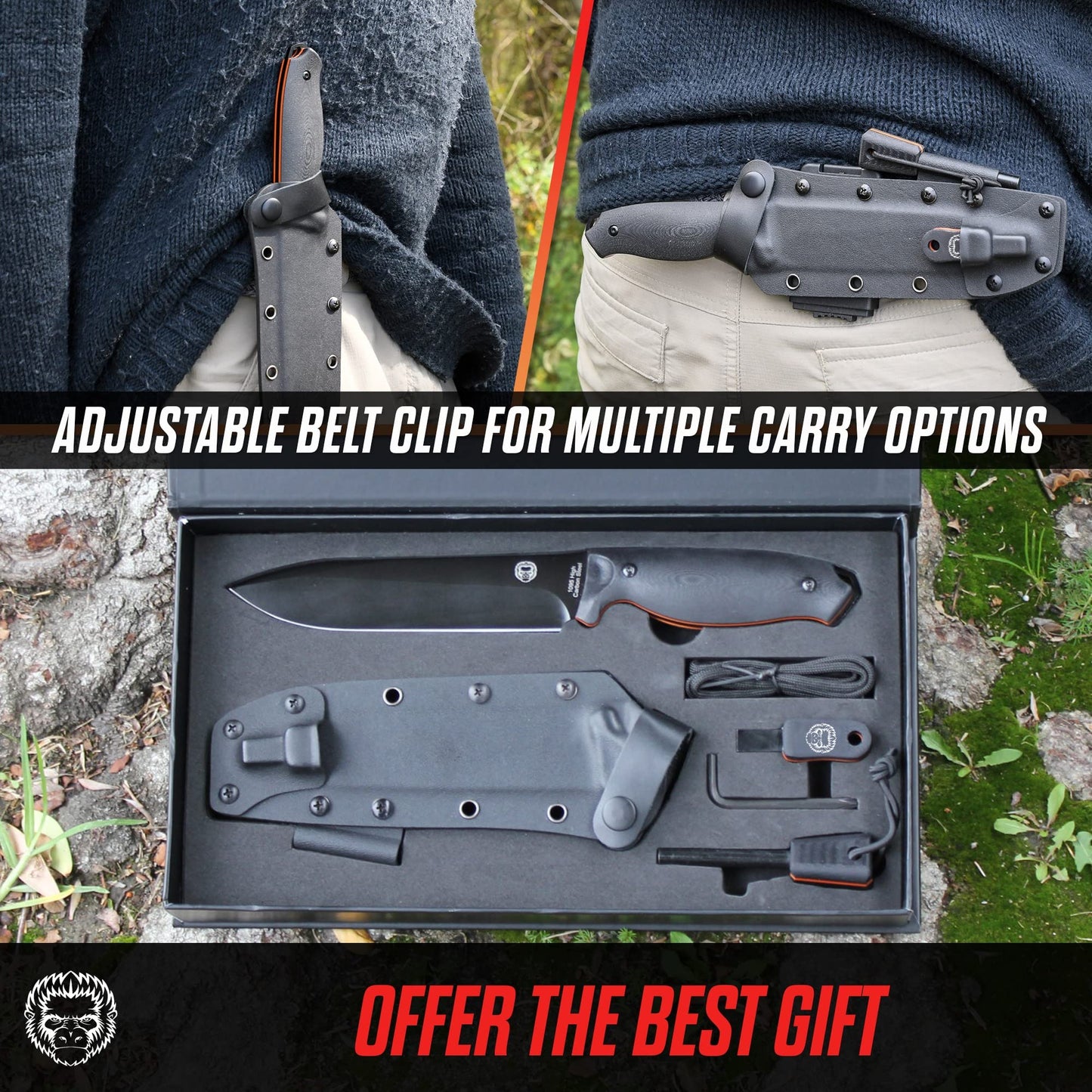 "The Fireline" Bushcraft Survival Knife with 1095 High Carbon Blade Giftset (Black and Orange)