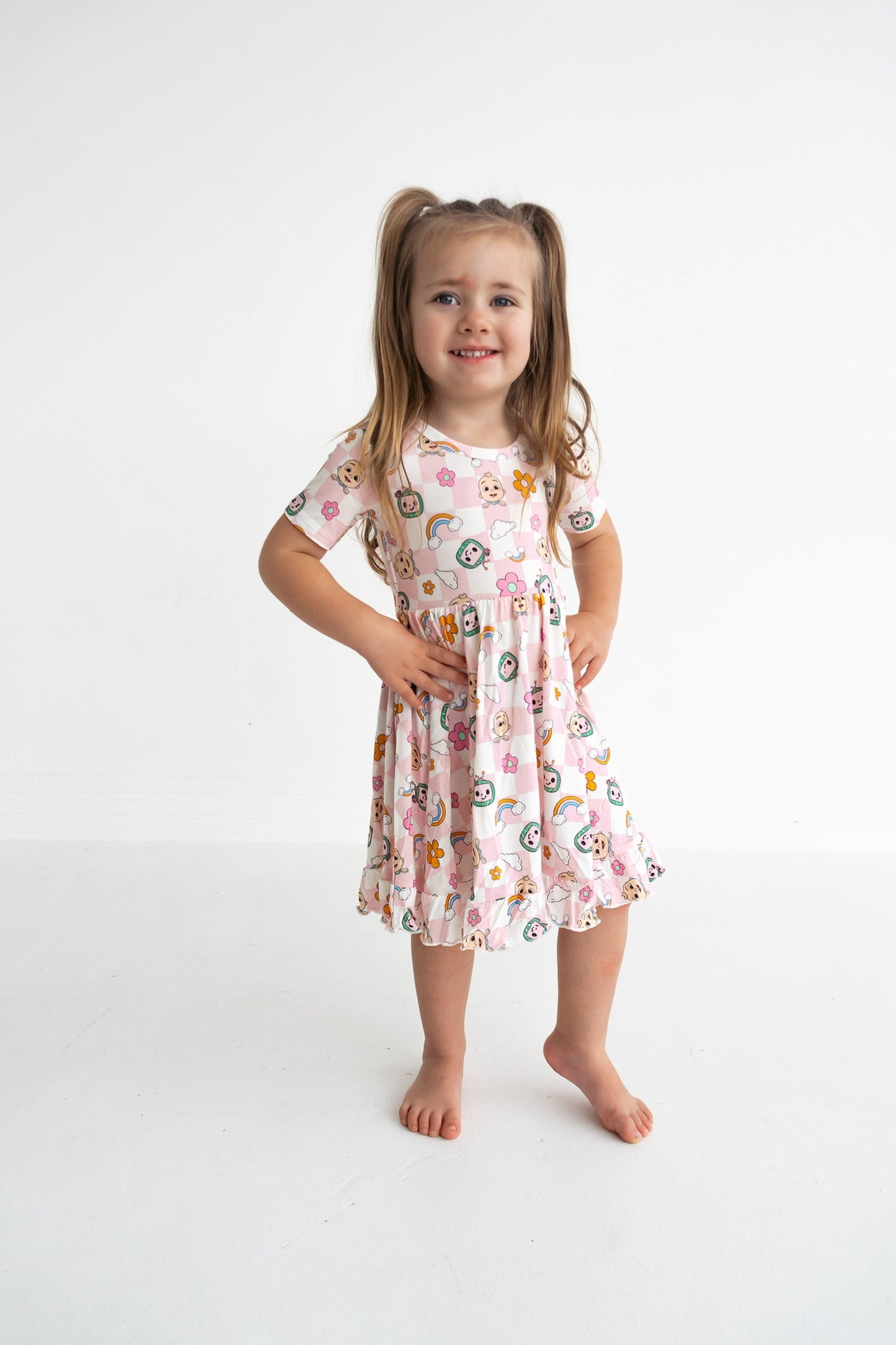 Dream Big Little Co x CoComelon JJ RAINBOW CHECKERS SHORT SLEEVE DREAM RUFFLE DRESS