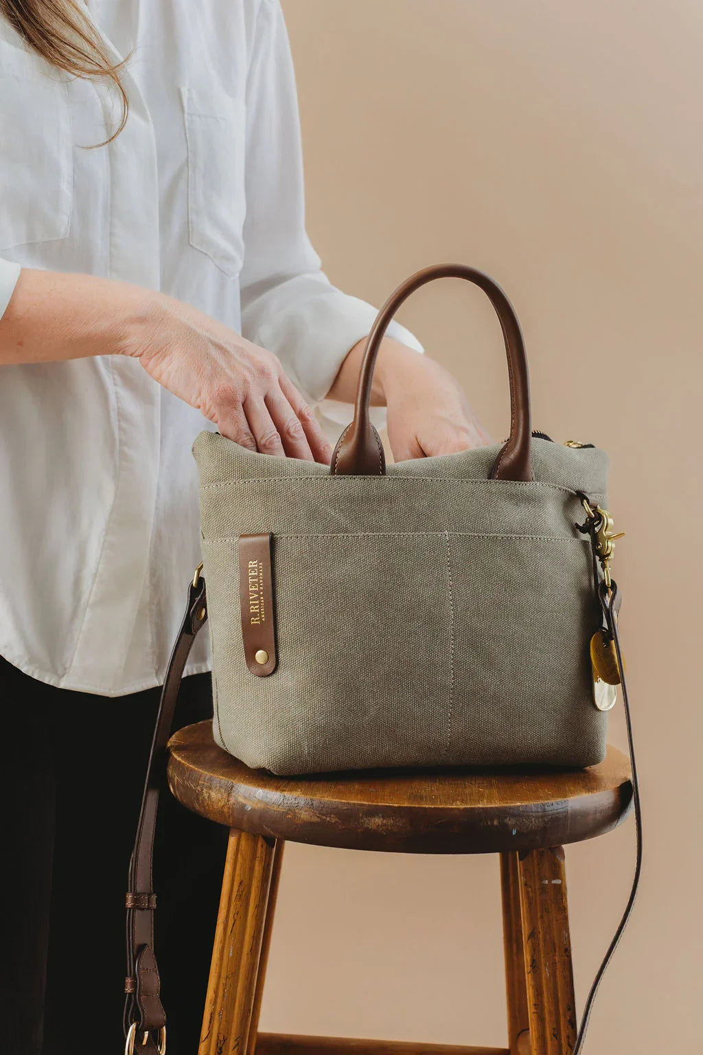 Dot | Small Tote | Fatigue Washed Canvas + Brown Leather