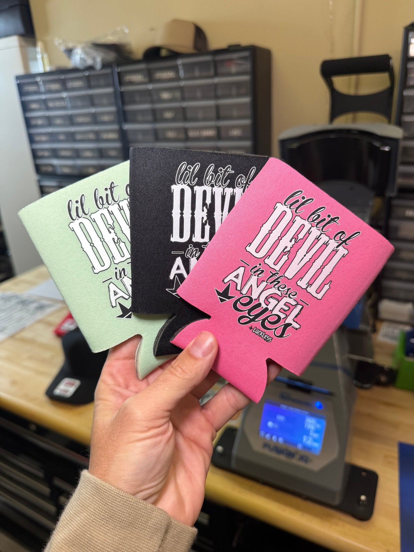 Lil Bit Of Devil in these Angel Eyes Koozie