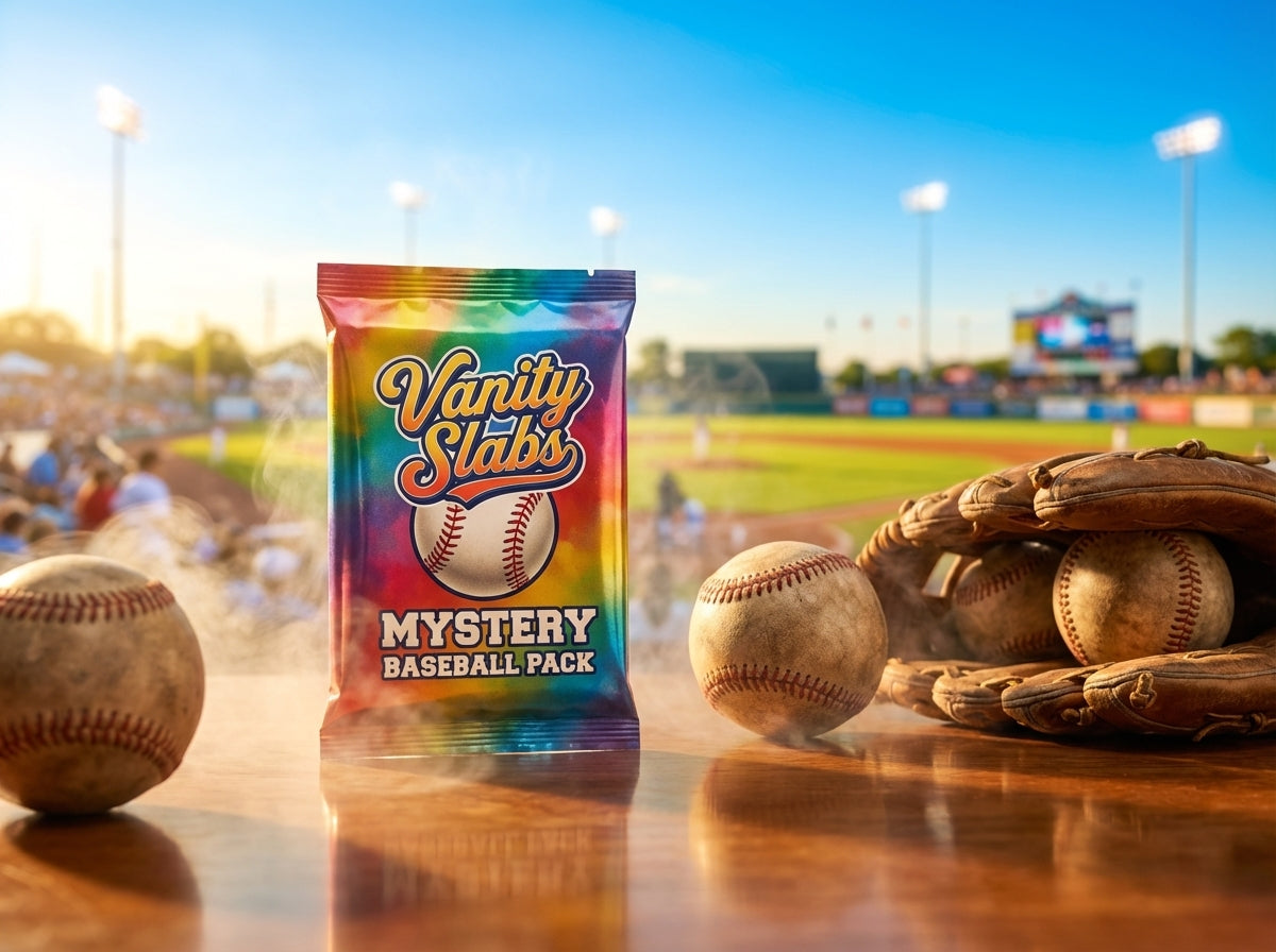Vanity Slabs Retail Bundle 1 x Slab, Book Case, Pick & One Random Mystery Card Baseball Football Hockey or Basketball