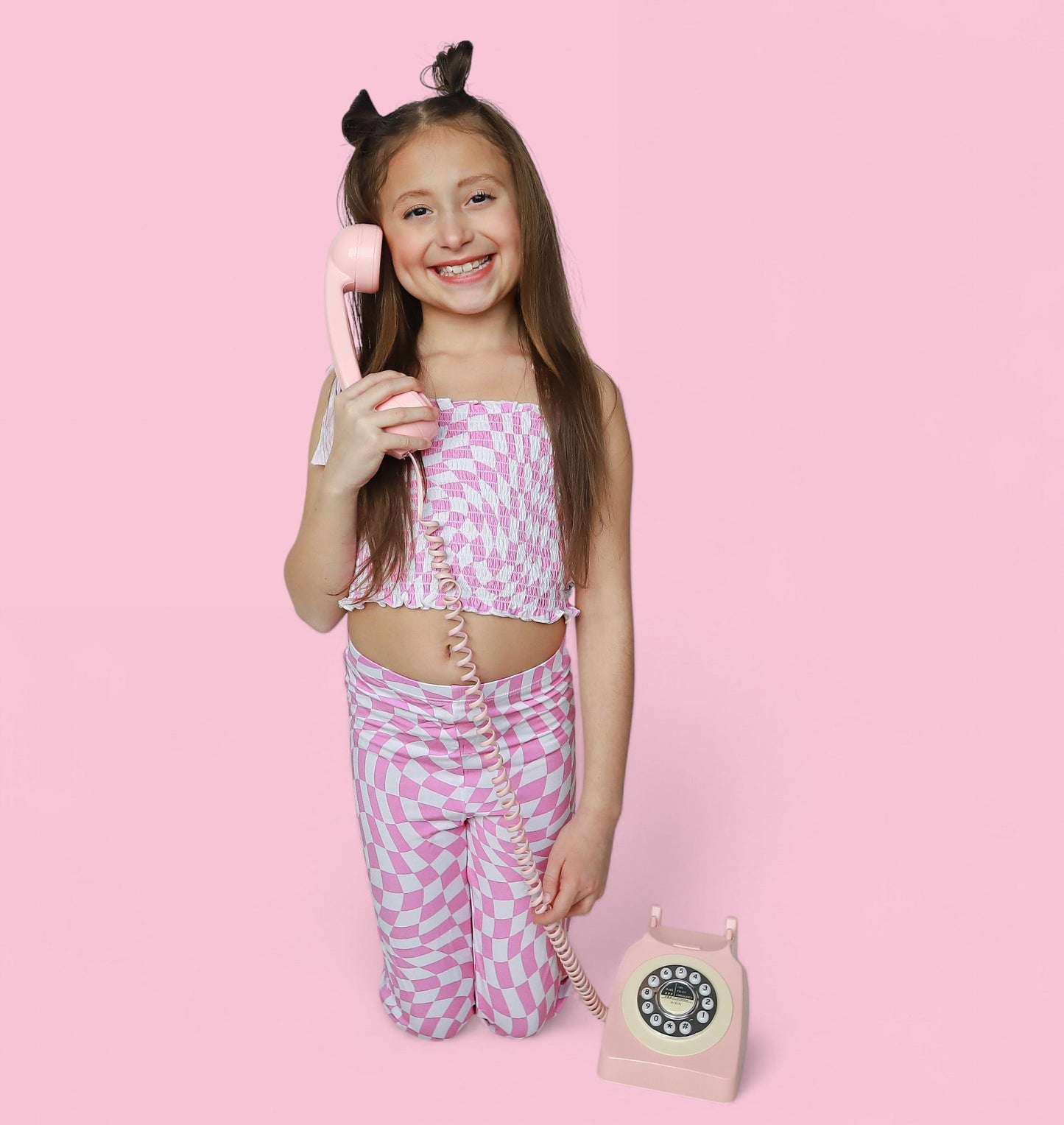 BUBBLEGUM WAVY CHECKERS DREAM SMOCKED FLARE SET