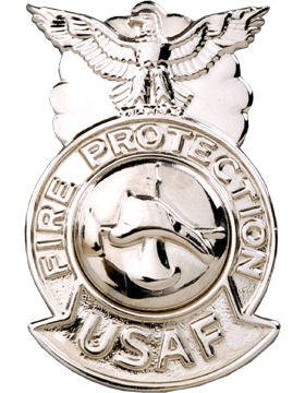 USAF Firefighter Badge - Metal CHROME Bugle Crossed Axe/Helmet
