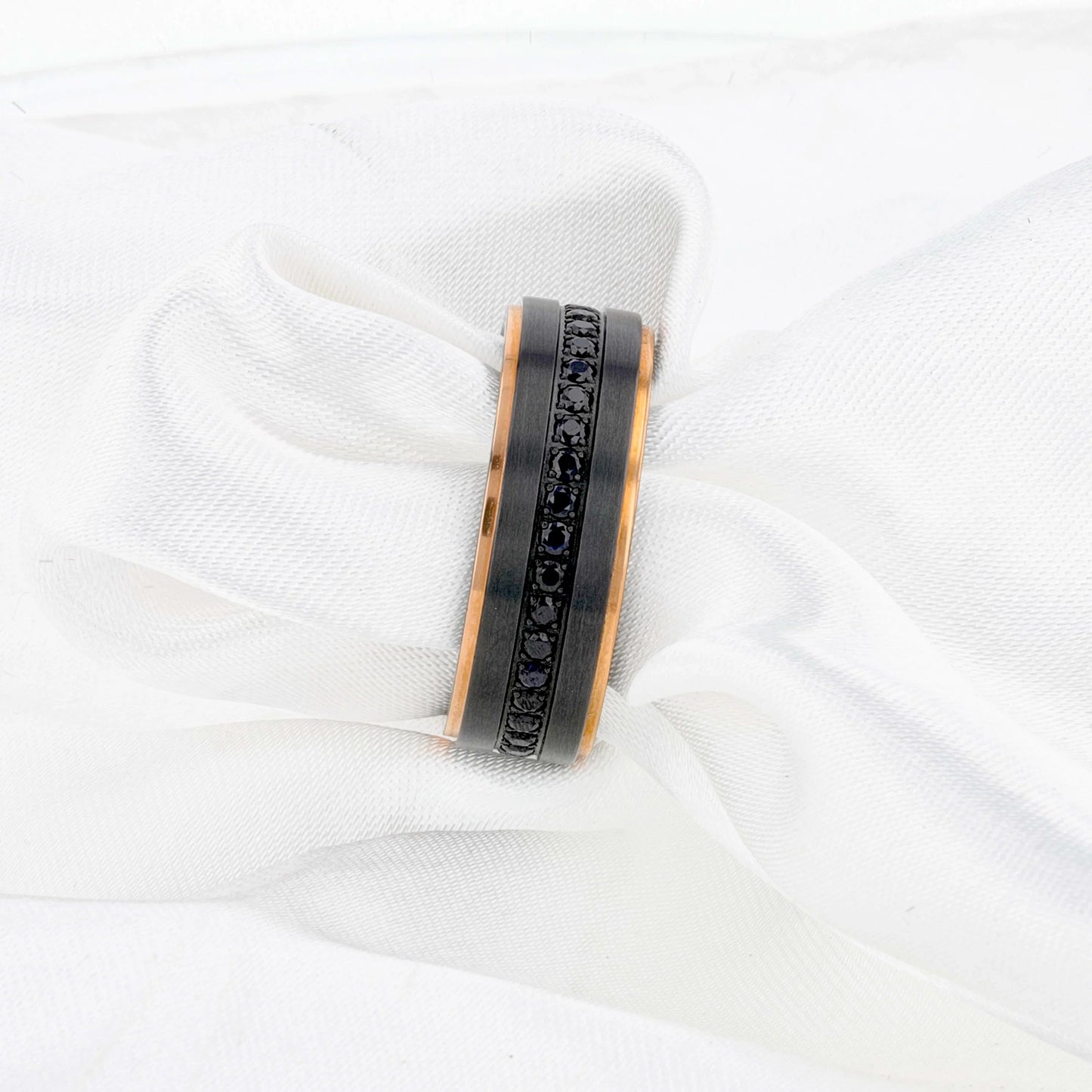 ASTRO Flat Brushed Black Titanium Ring with Rose Gold Plated Edge and Black Sapphire Settings All Around - 8mm