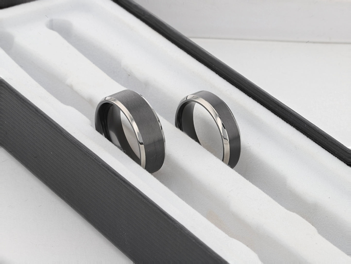 ATNOS Men’s Black Titanium Wedding Ring with Brushed Center and Polished Beveled Edges — 6mm & 8mm