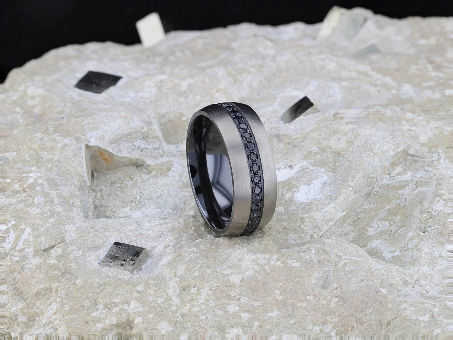 AVIATOR Domed Brushed Titanium Men's Wedding Band with Black Sapphire Stones Inlay - 8mm