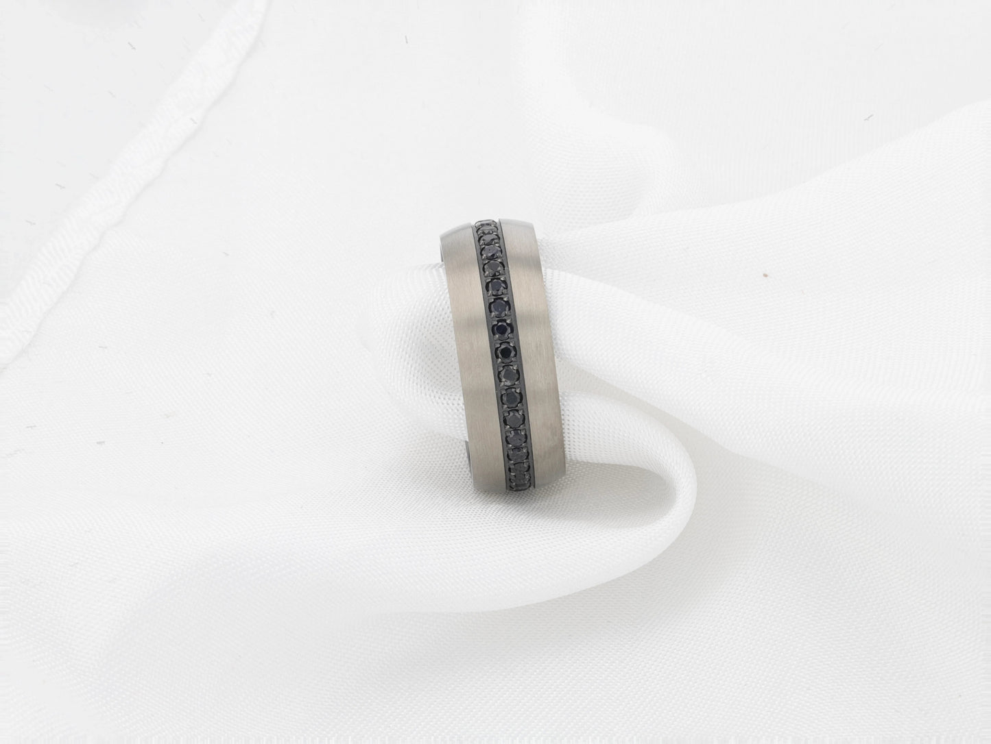 AVIATOR Domed Brushed Titanium Men's Wedding Band with Black Sapphire Stones Inlay - 8mm