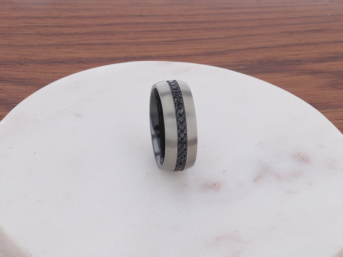 AVIATOR Domed Brushed Titanium Men's Wedding Band with Black Sapphire Stones Inlay - 8mm