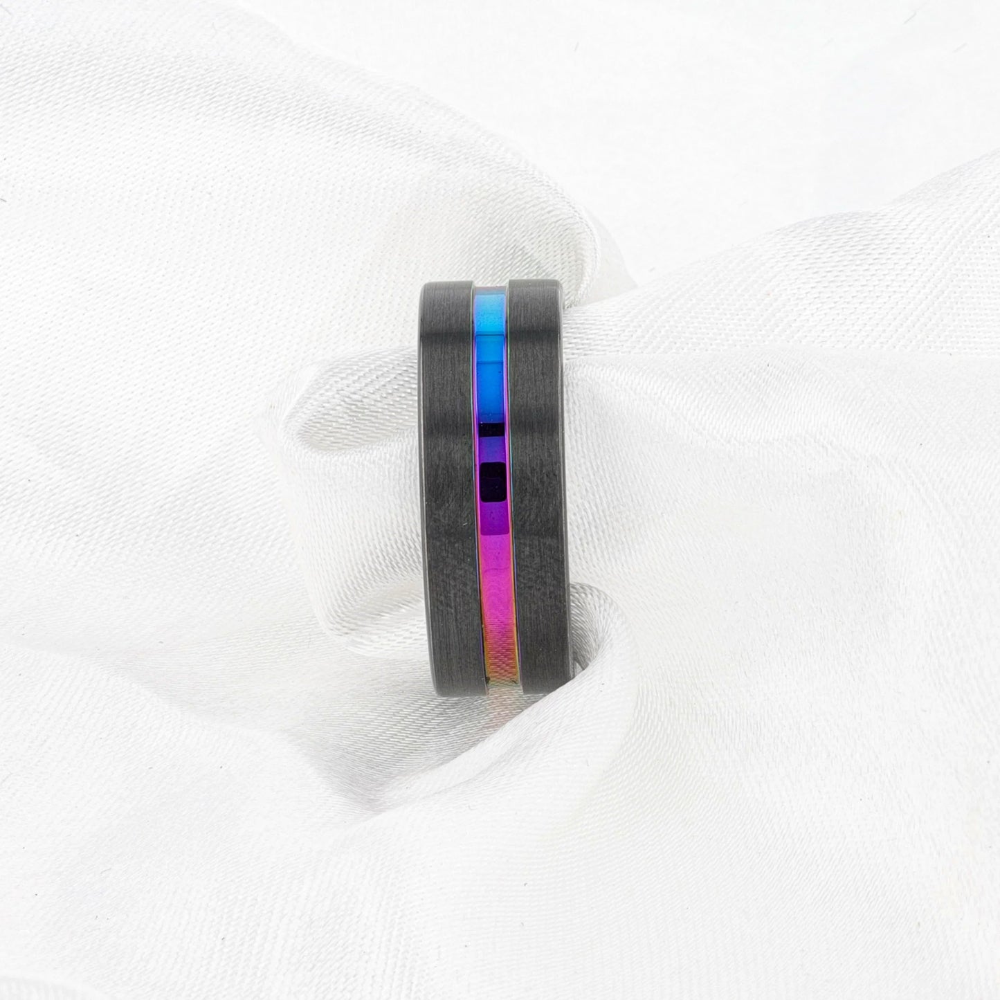 AZURE Flat Black Ceramic Ring Brushed with Rainbow Groove - 4mm - 8mm