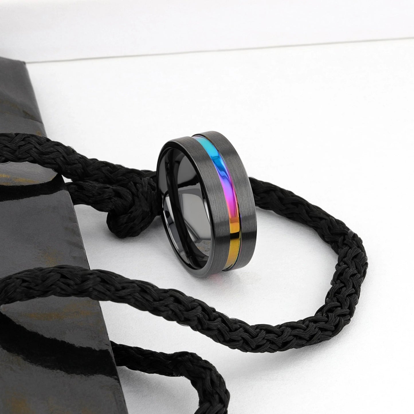 AZURE Flat Black Ceramic Ring Brushed with Rainbow Groove - 4mm - 8mm