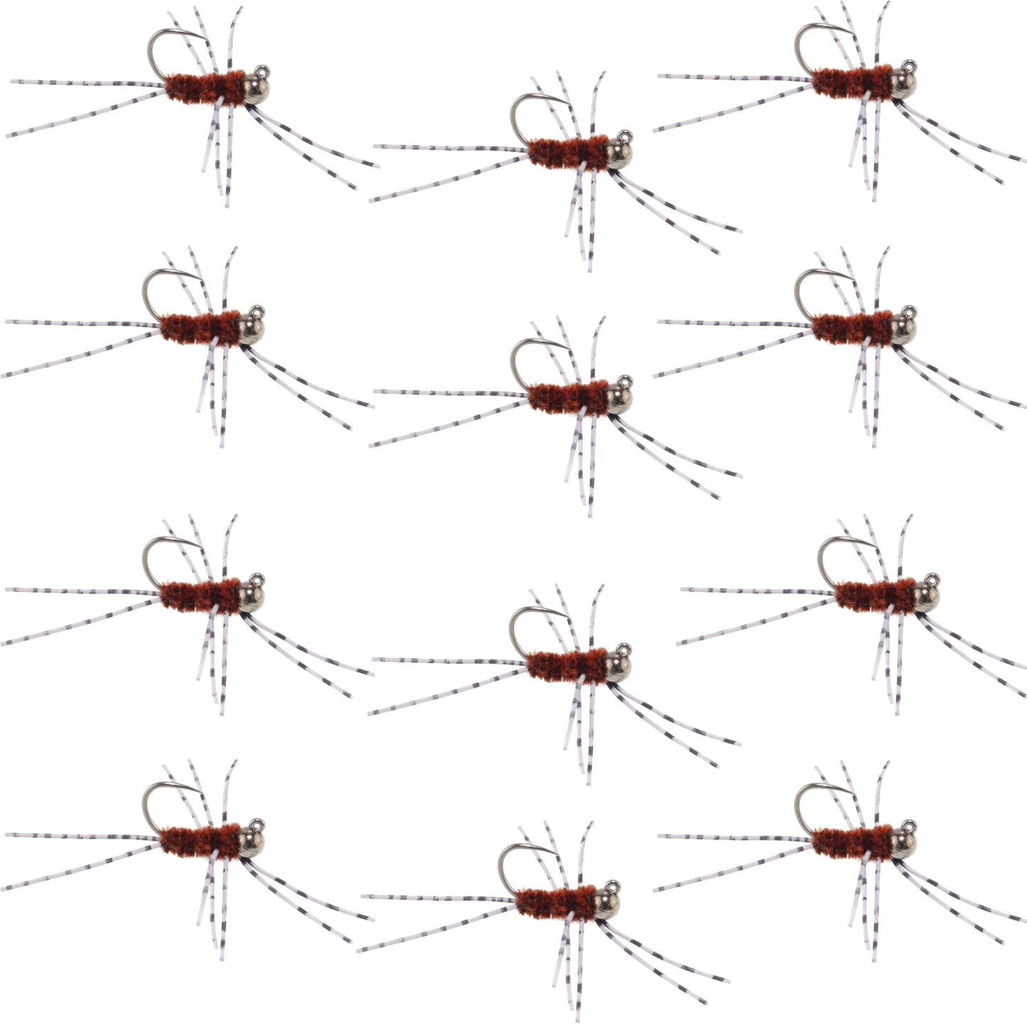 Barbless Pat's Barred Rubber Legs Tungsten Bead Jigged Brown Euro Nymph  - Set of 12 Flies Hook Size 6