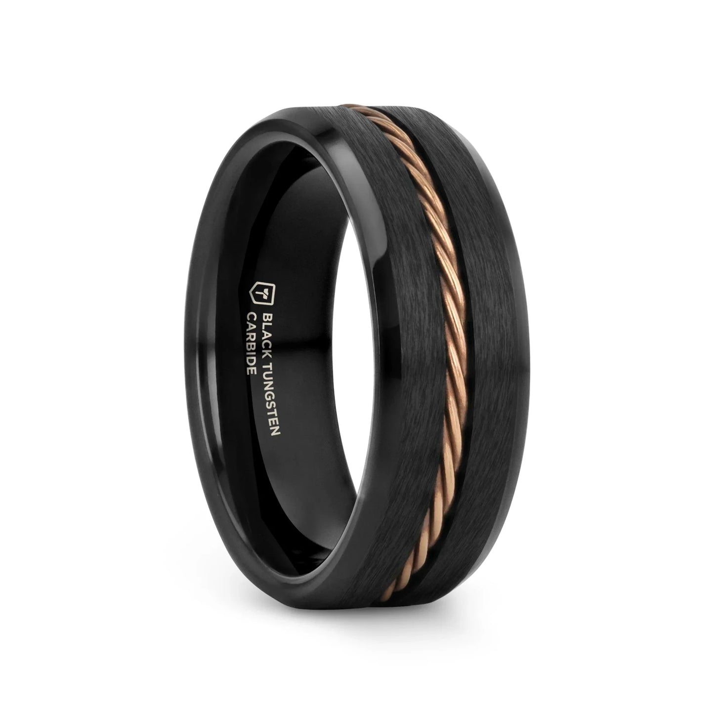 ADELARD Rose Gold Braided Cable Black Tungsten Men’s Wedding Band, Brushed Center with Polished Beveled Edges – 8mm