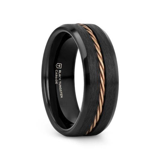 ADELARD Rose Gold Braided Cable Black Tungsten Men’s Wedding Band, Brushed Center with Polished Beveled Edges – 8mm
