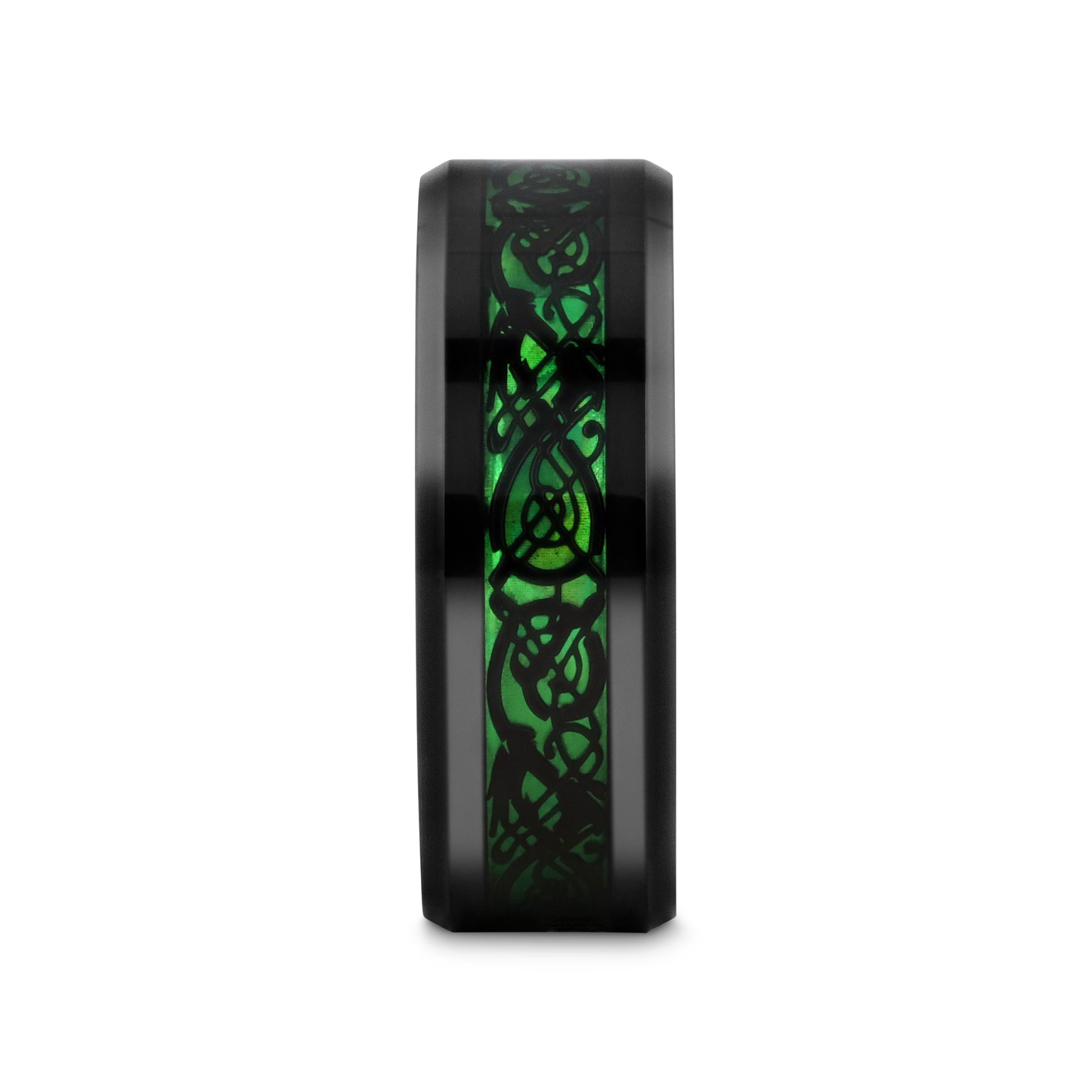 ALLURE Black Dragon Design with Green Background Inlaid Black Tungsten Men's Ring, Clear Coating, Beveled Edge - 8mm