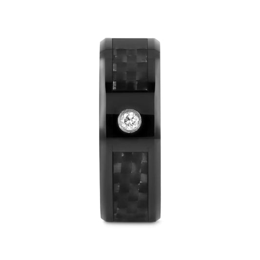 ANGUS Black Ceramic Wedding Band with Black Carbon Fiber Inlay and White Diamond- 8mm