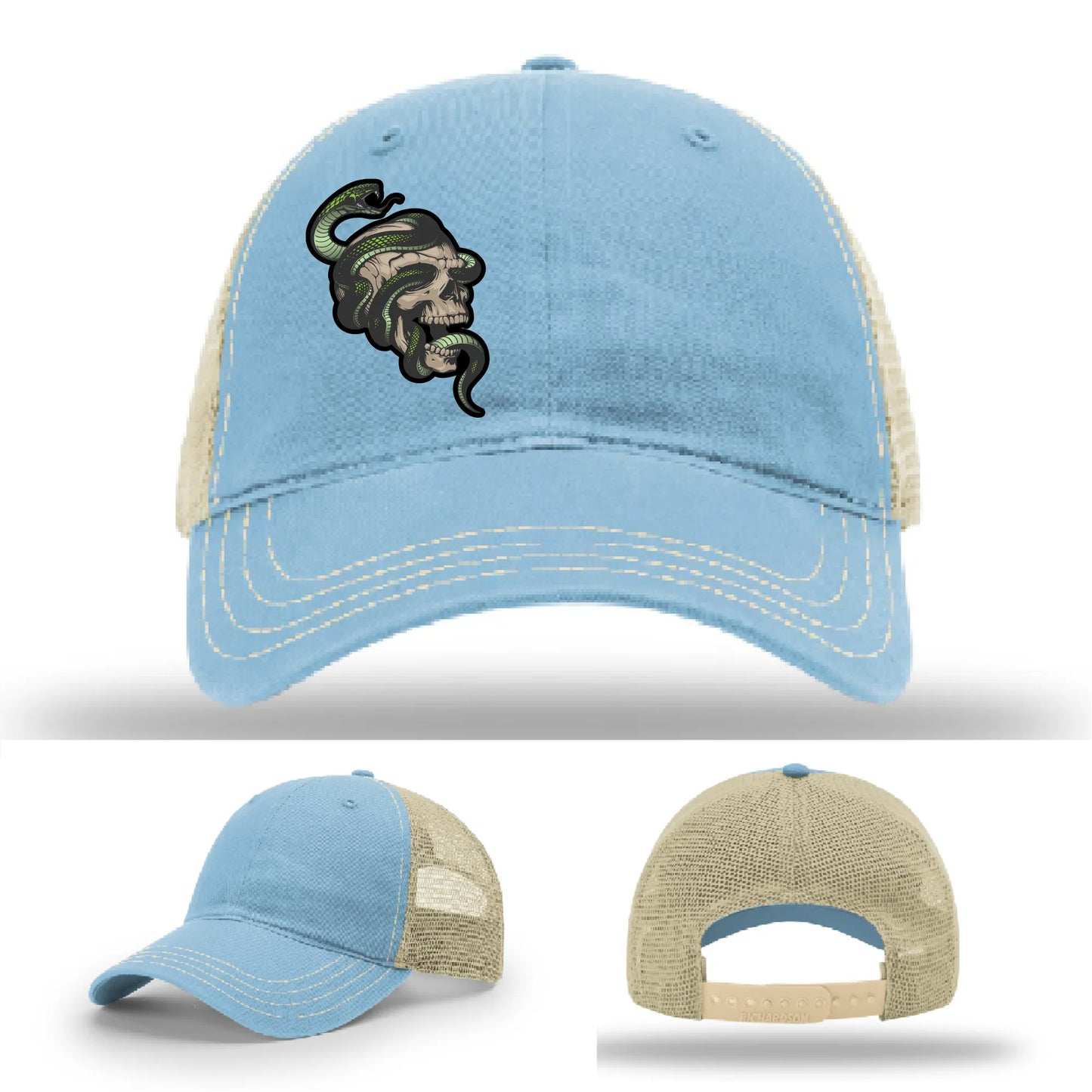 Serpent Skull Leather Patch Hat Snake and Skull Graphic