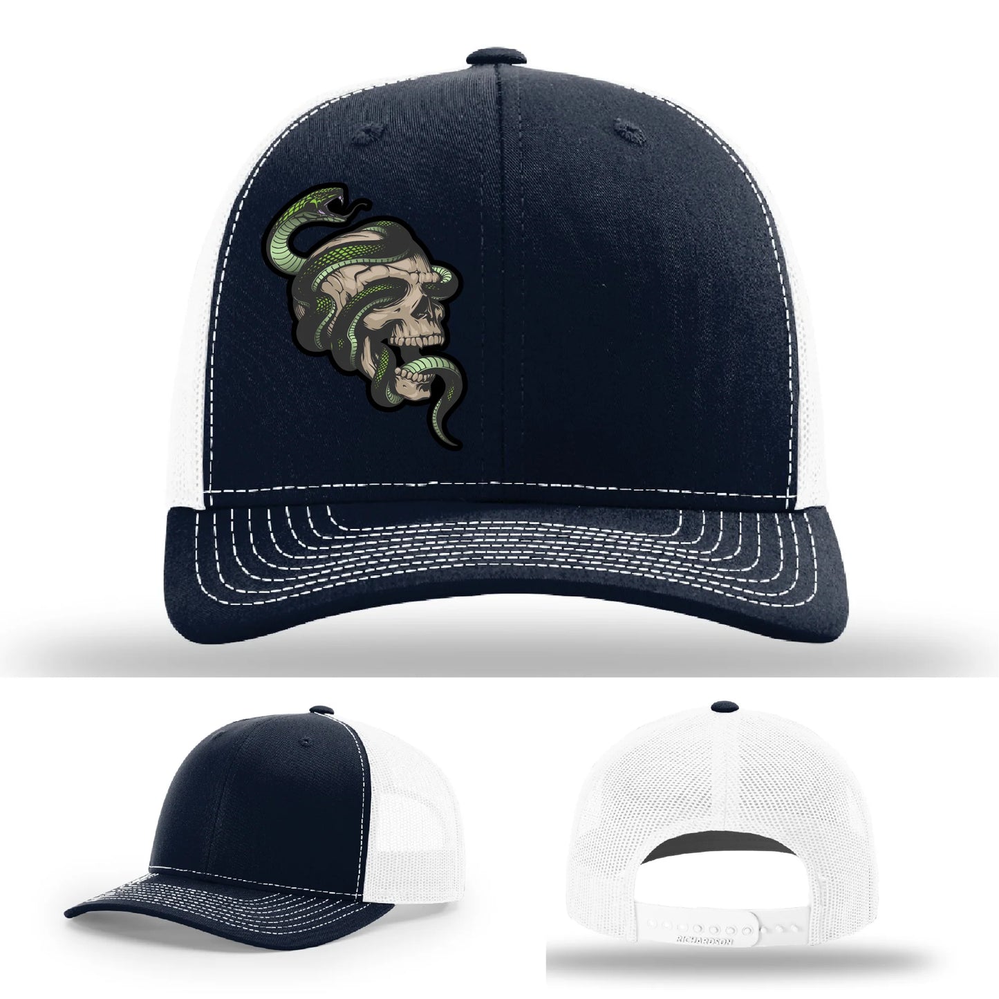 Serpent Skull Leather Patch Hat Snake and Skull Graphic