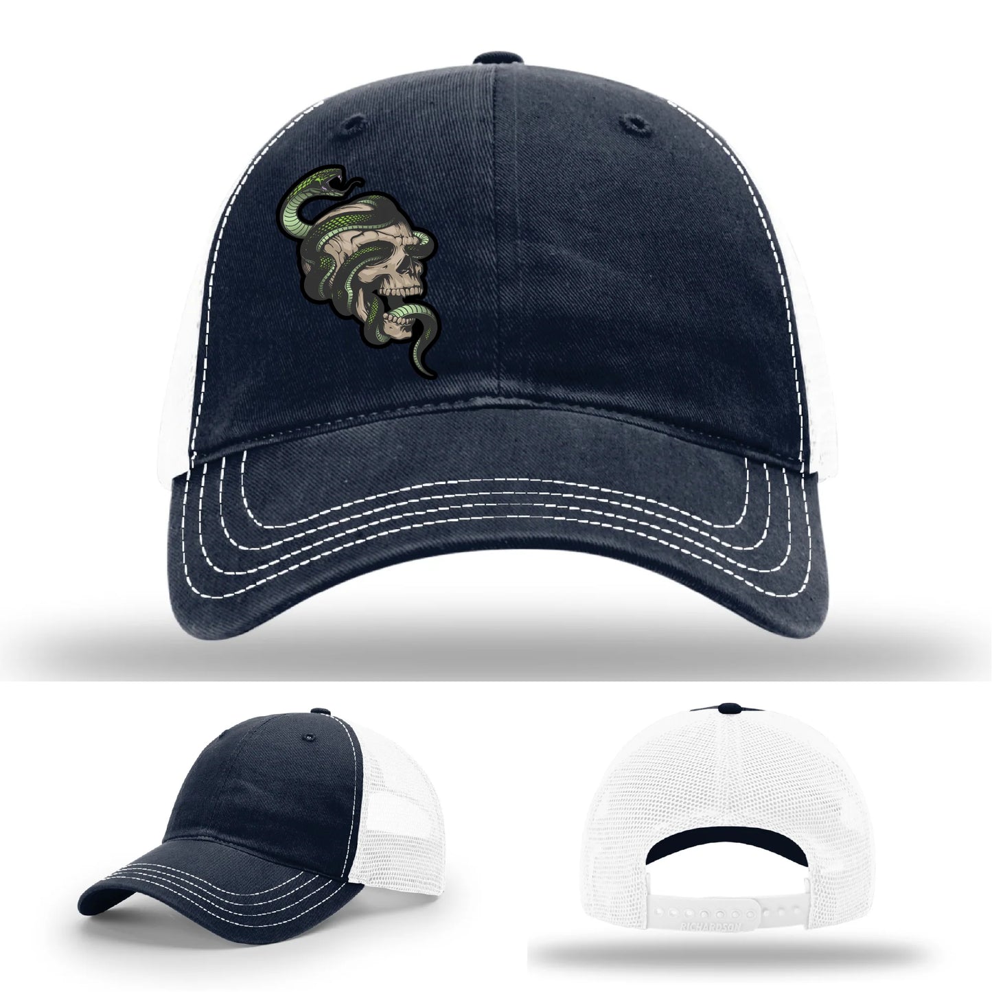 Serpent Skull Leather Patch Hat Snake and Skull Graphic