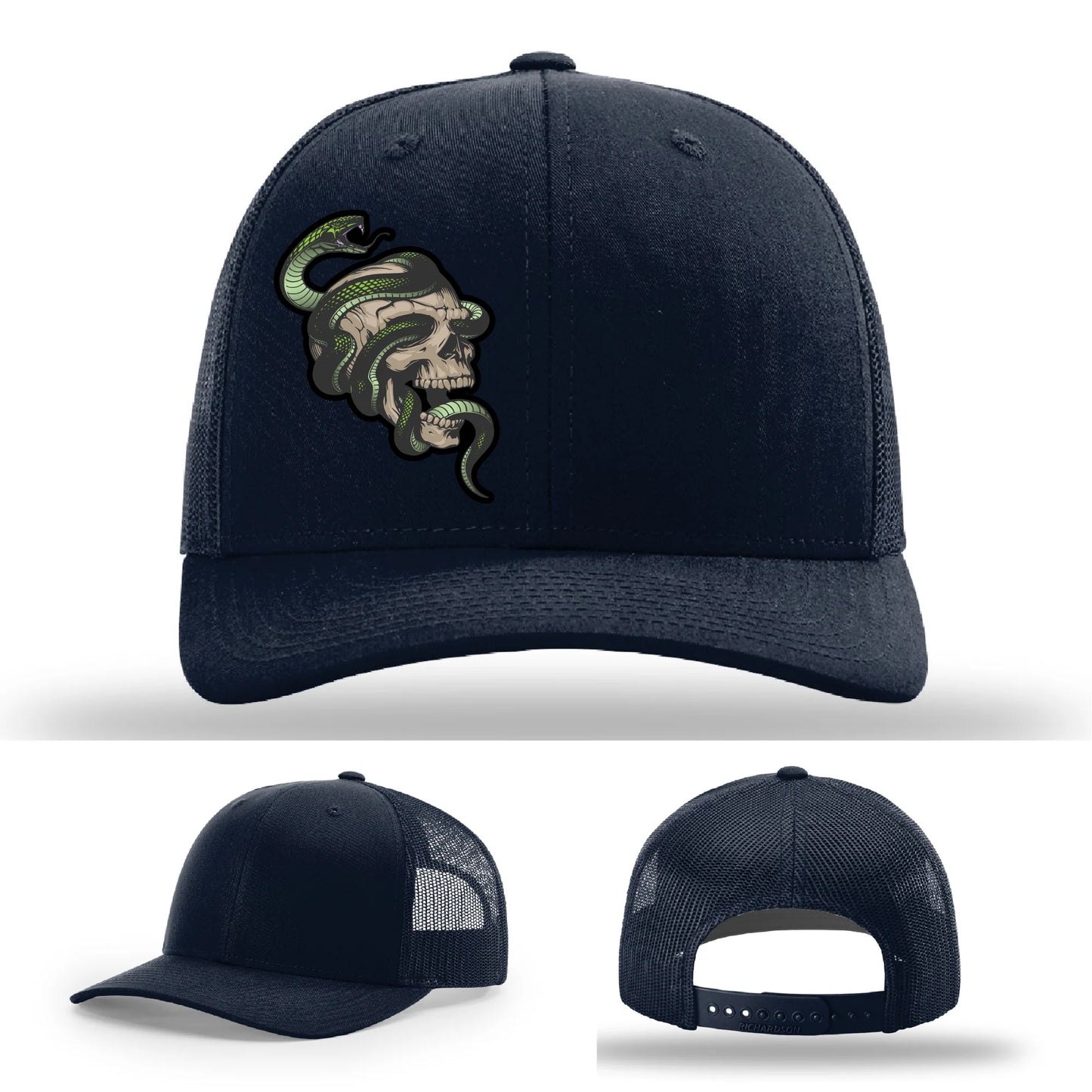 Serpent Skull Leather Patch Hat Snake and Skull Graphic
