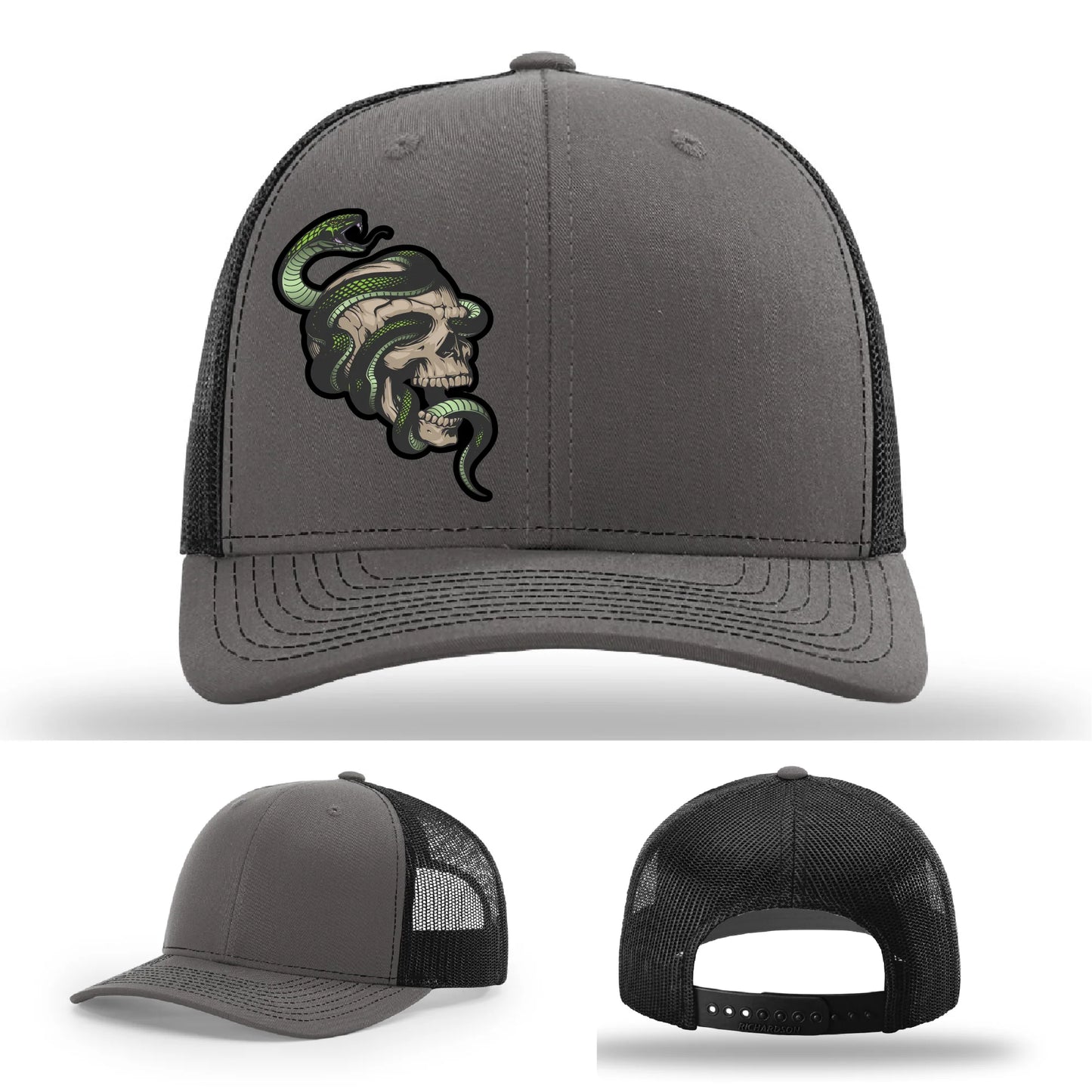 Serpent Skull Leather Patch Hat Snake and Skull Graphic