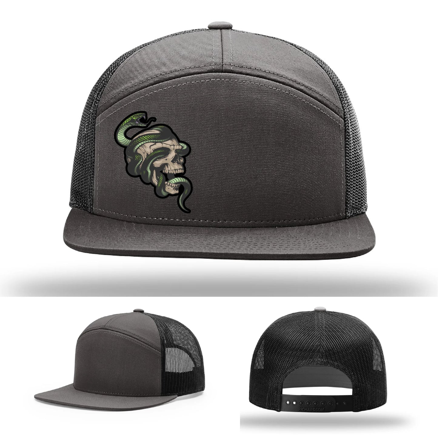 Serpent Skull Leather Patch Hat Snake and Skull Graphic