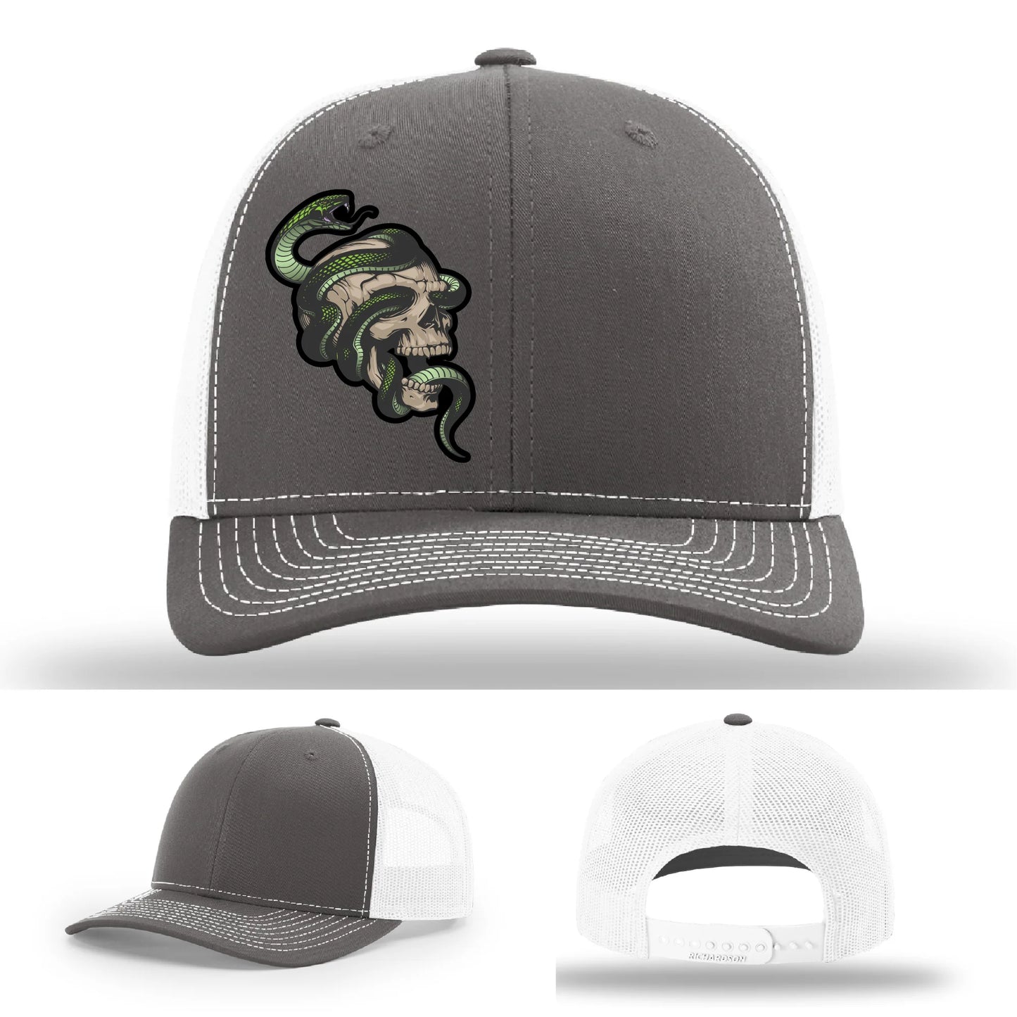Serpent Skull Leather Patch Hat Snake and Skull Graphic