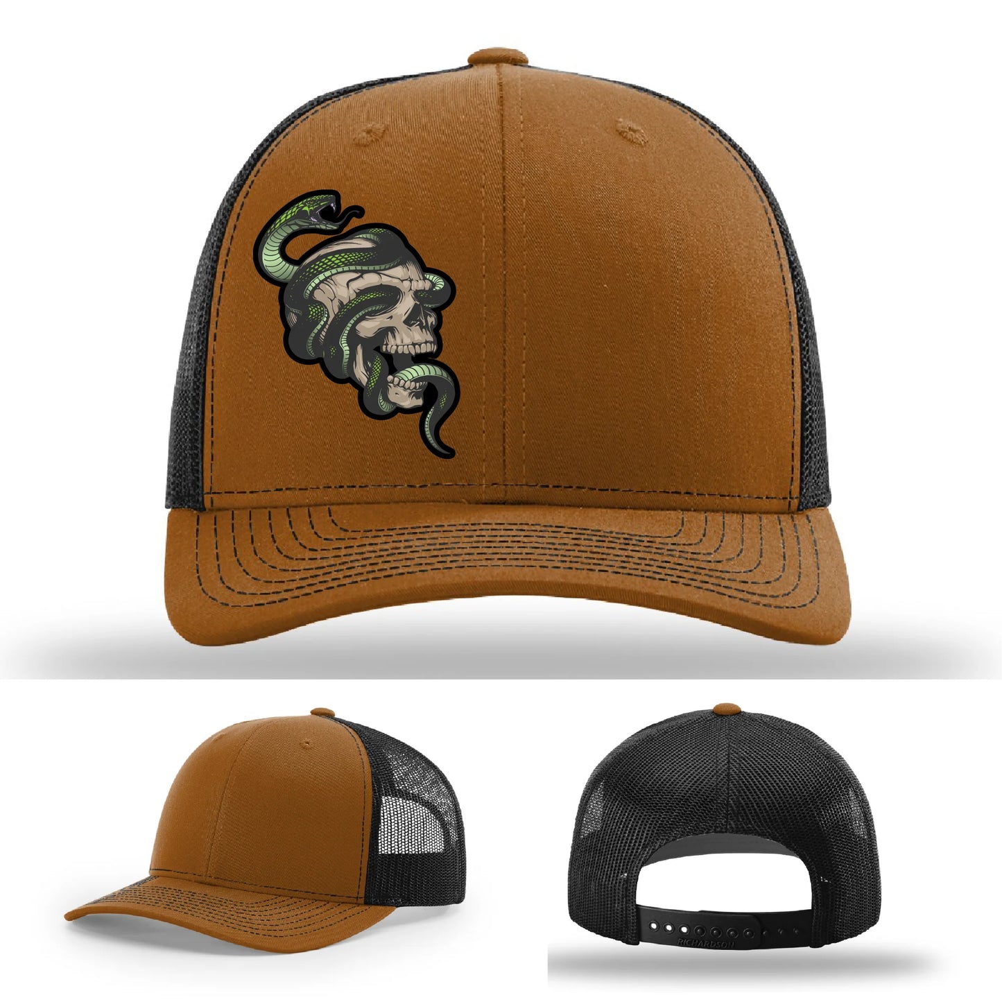 Serpent Skull Leather Patch Hat Snake and Skull Graphic