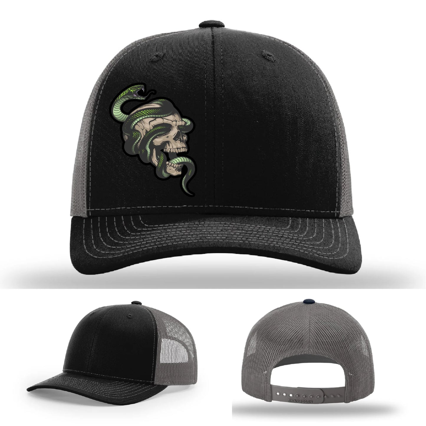Serpent Skull Leather Patch Hat Snake and Skull Graphic