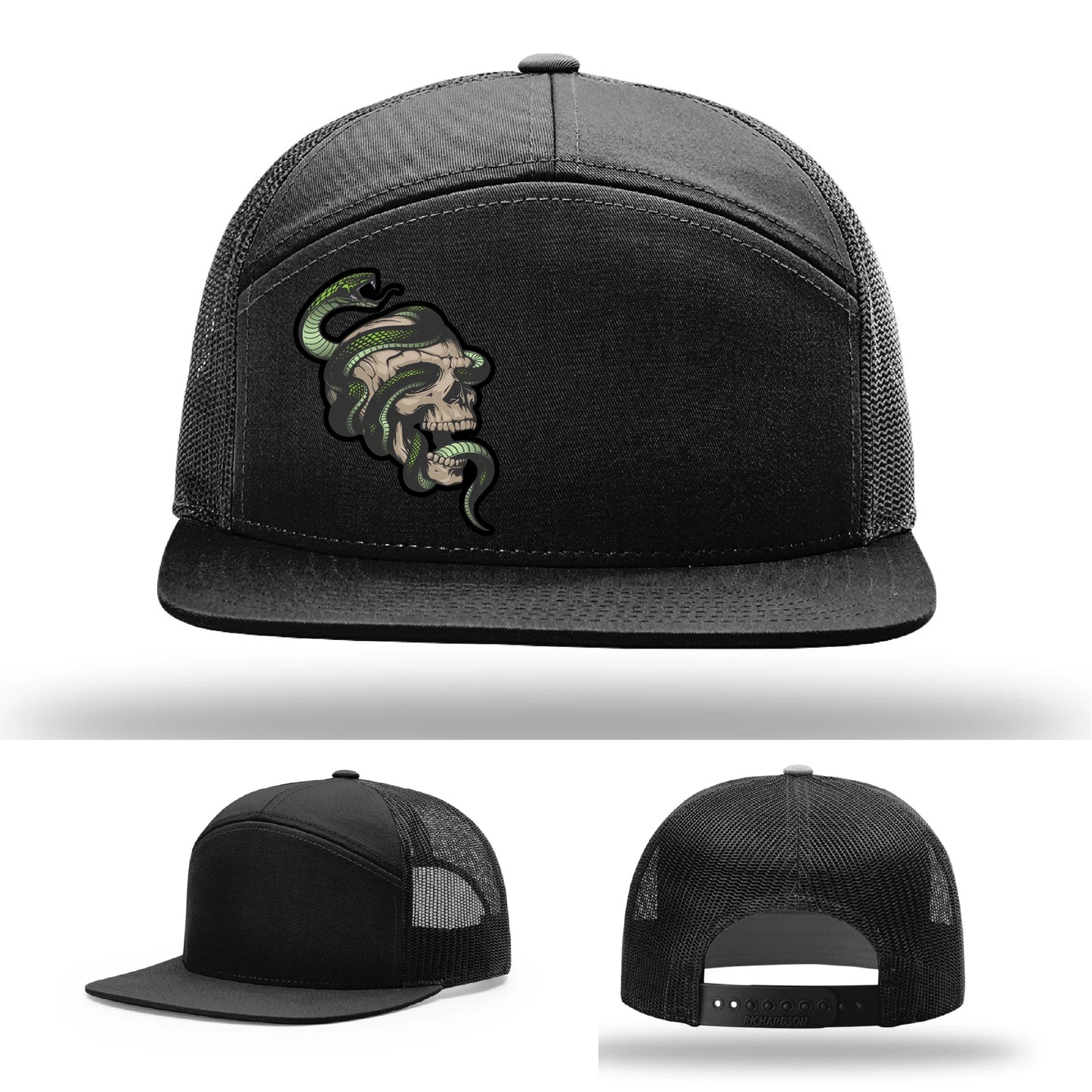 Serpent Skull Leather Patch Hat Snake and Skull Graphic