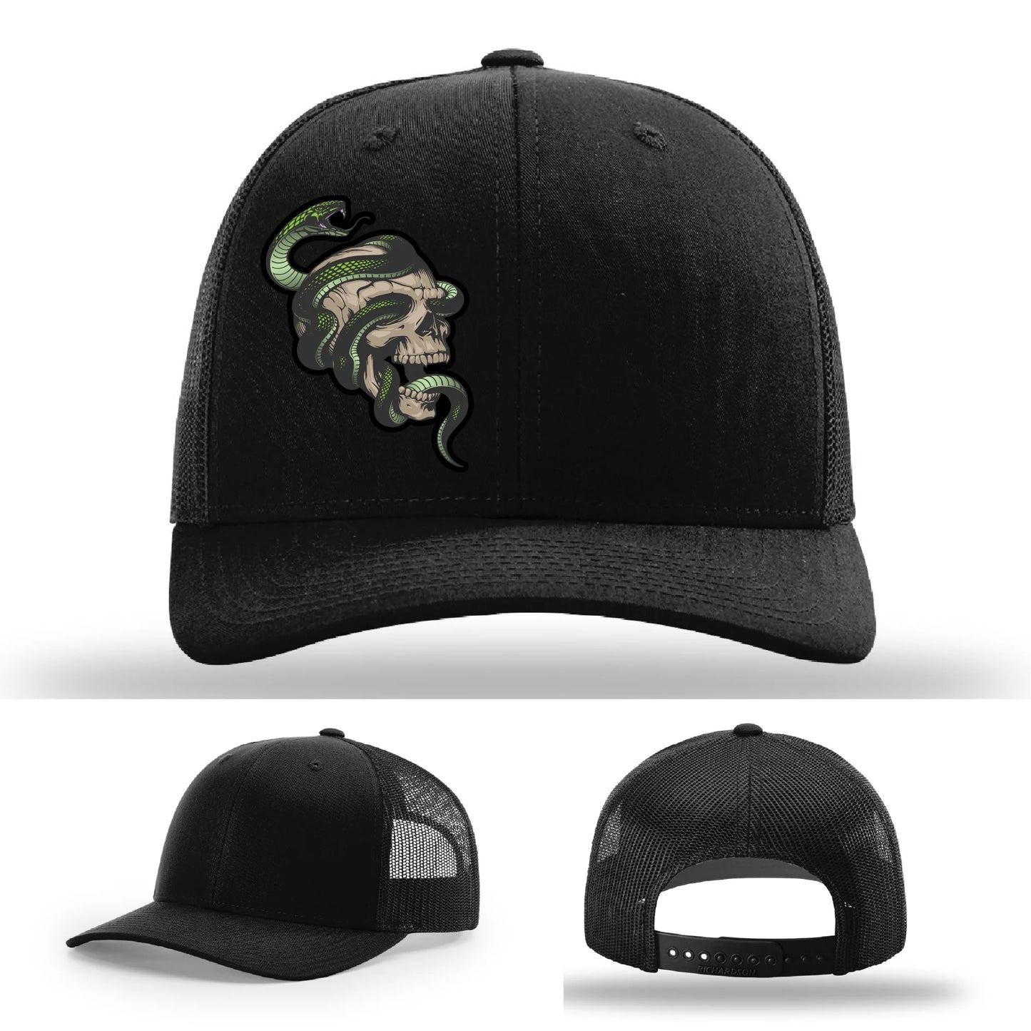 Serpent Skull Leather Patch Hat Snake and Skull Graphic
