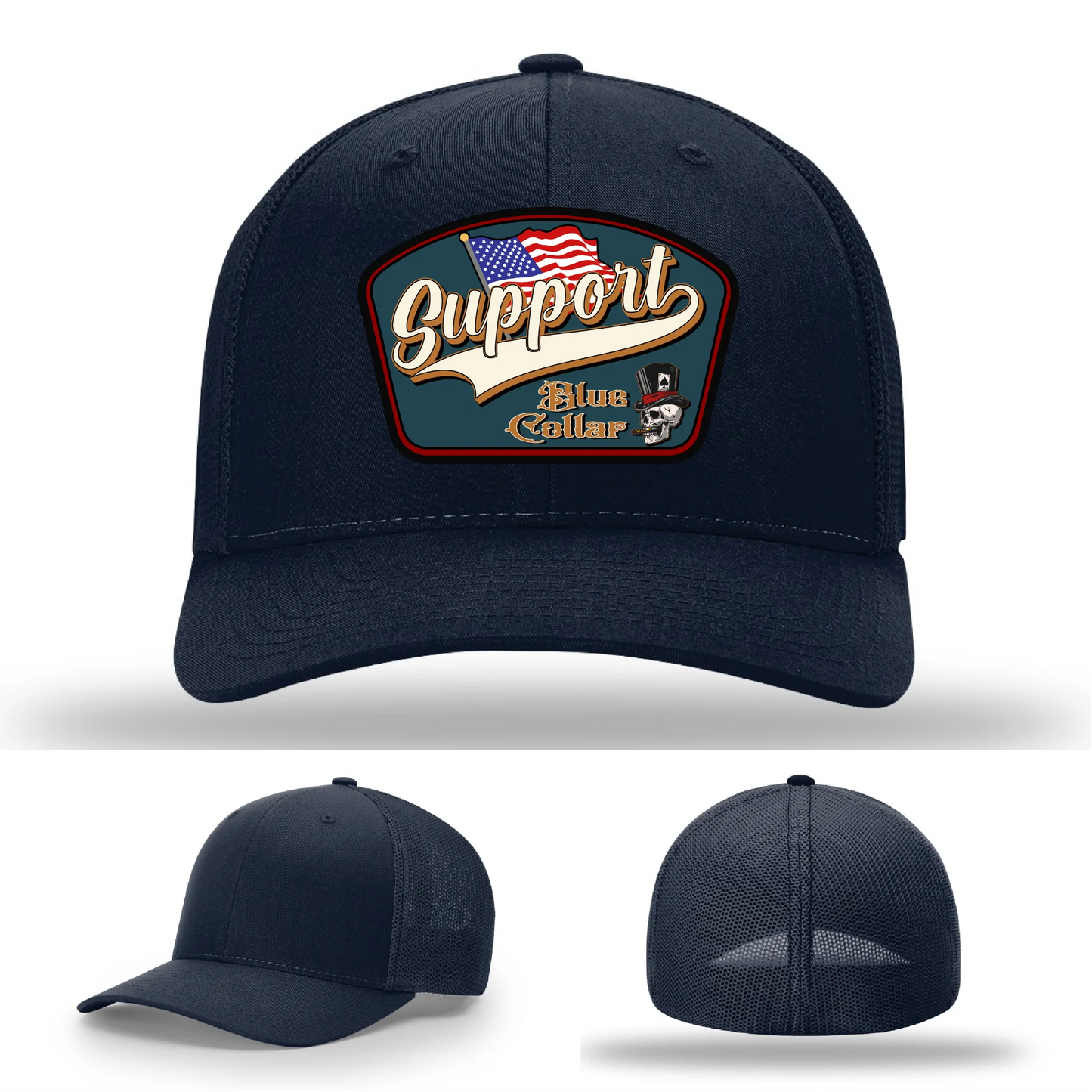 Support Blue Collar Leather Patch Hat American Flag Design
