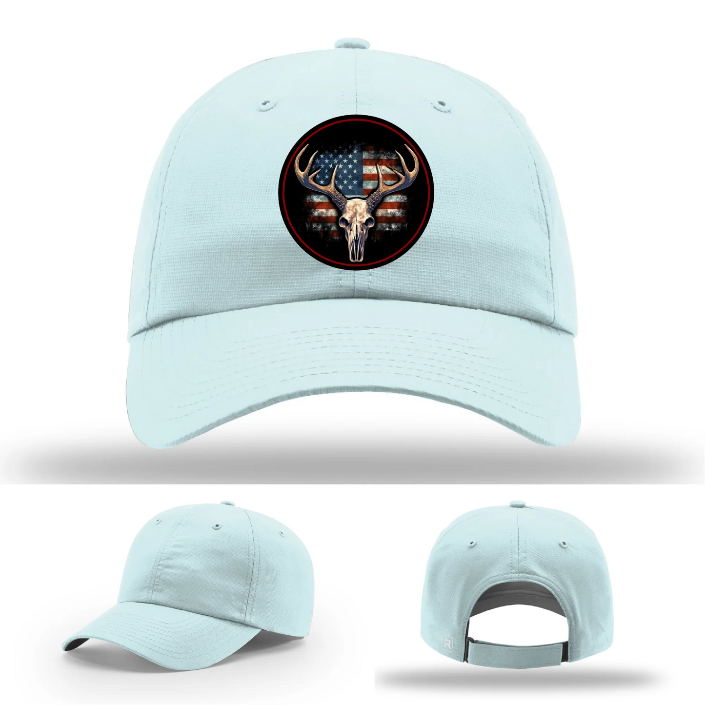 Patriotic Buck II Round Leather Patch Hat Deer Skull and Flag