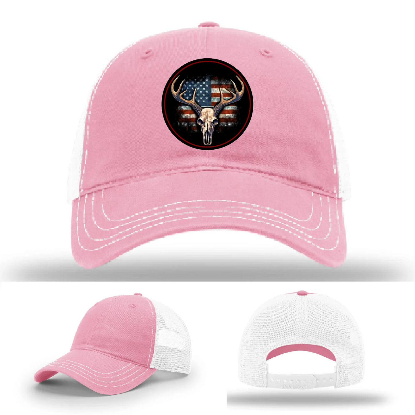 Patriotic Buck II Round Leather Patch Hat Deer Skull and Flag