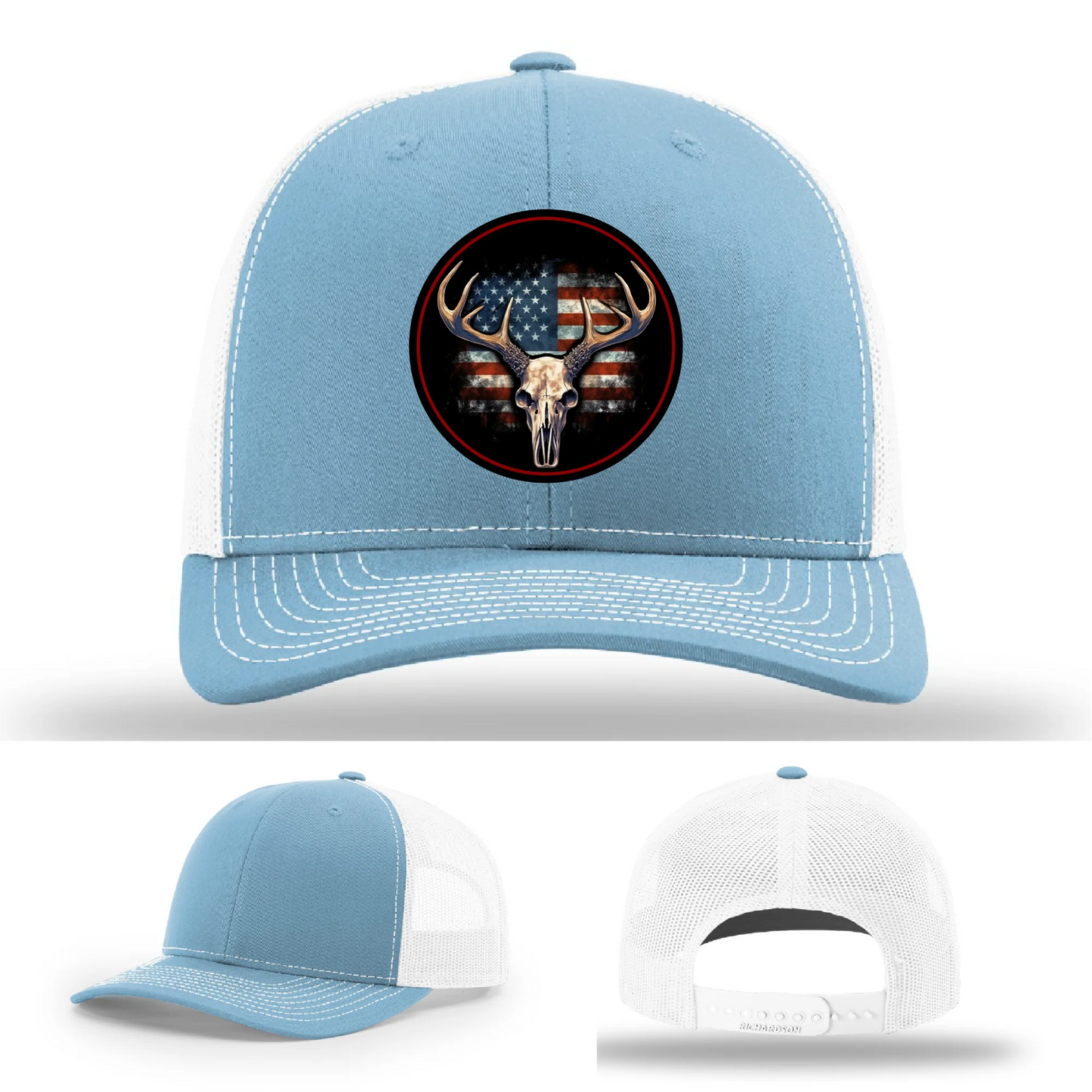 Patriotic Buck II Round Leather Patch Hat Deer Skull and Flag