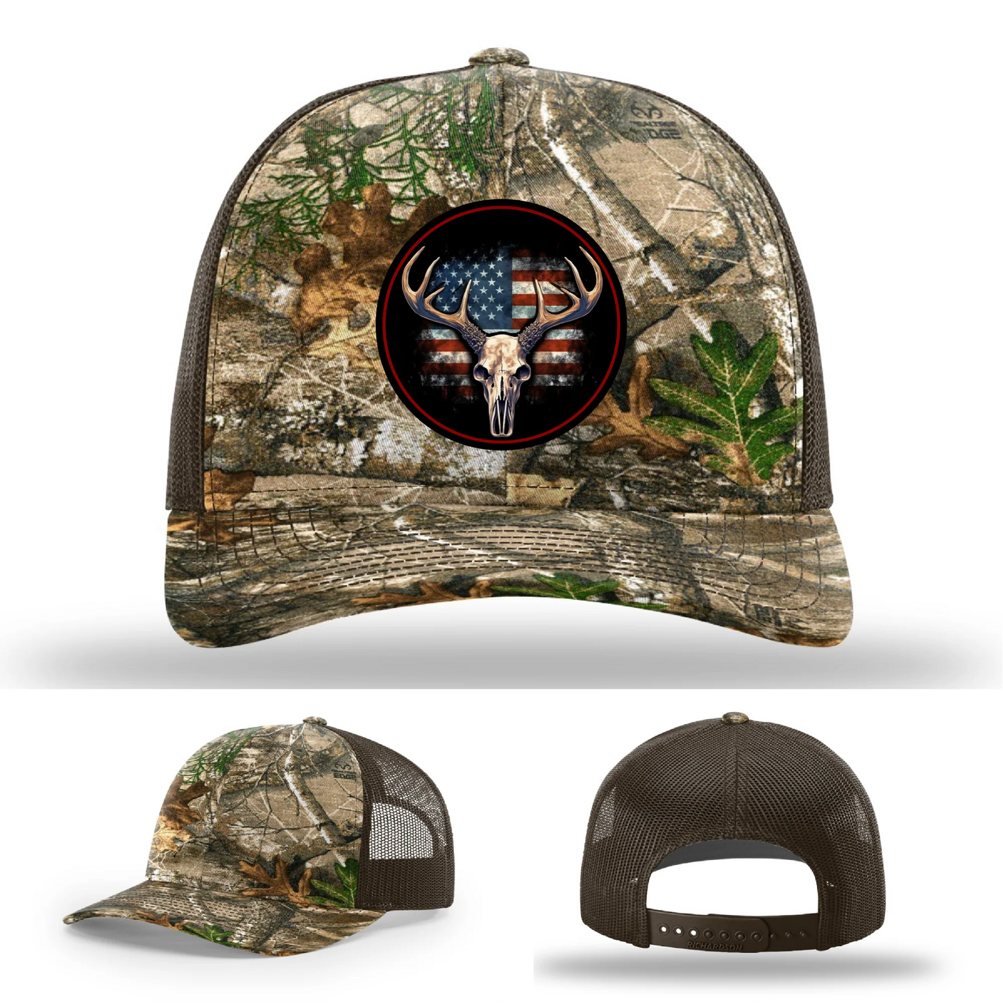 Patriotic Buck II Round Leather Patch Hat Deer Skull and Flag