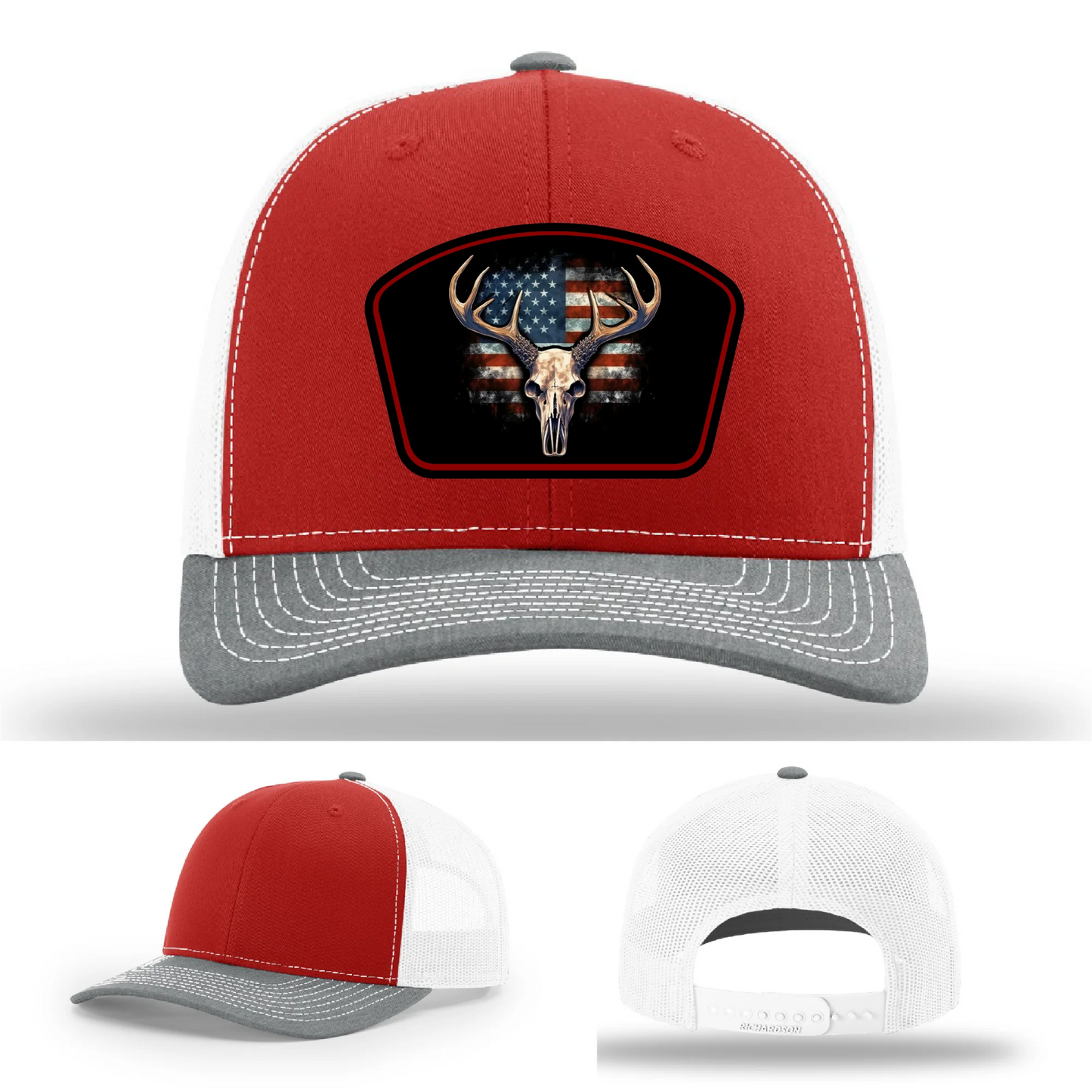 Patriotic Buck Leather Patch Hat Deer Skull and Flag