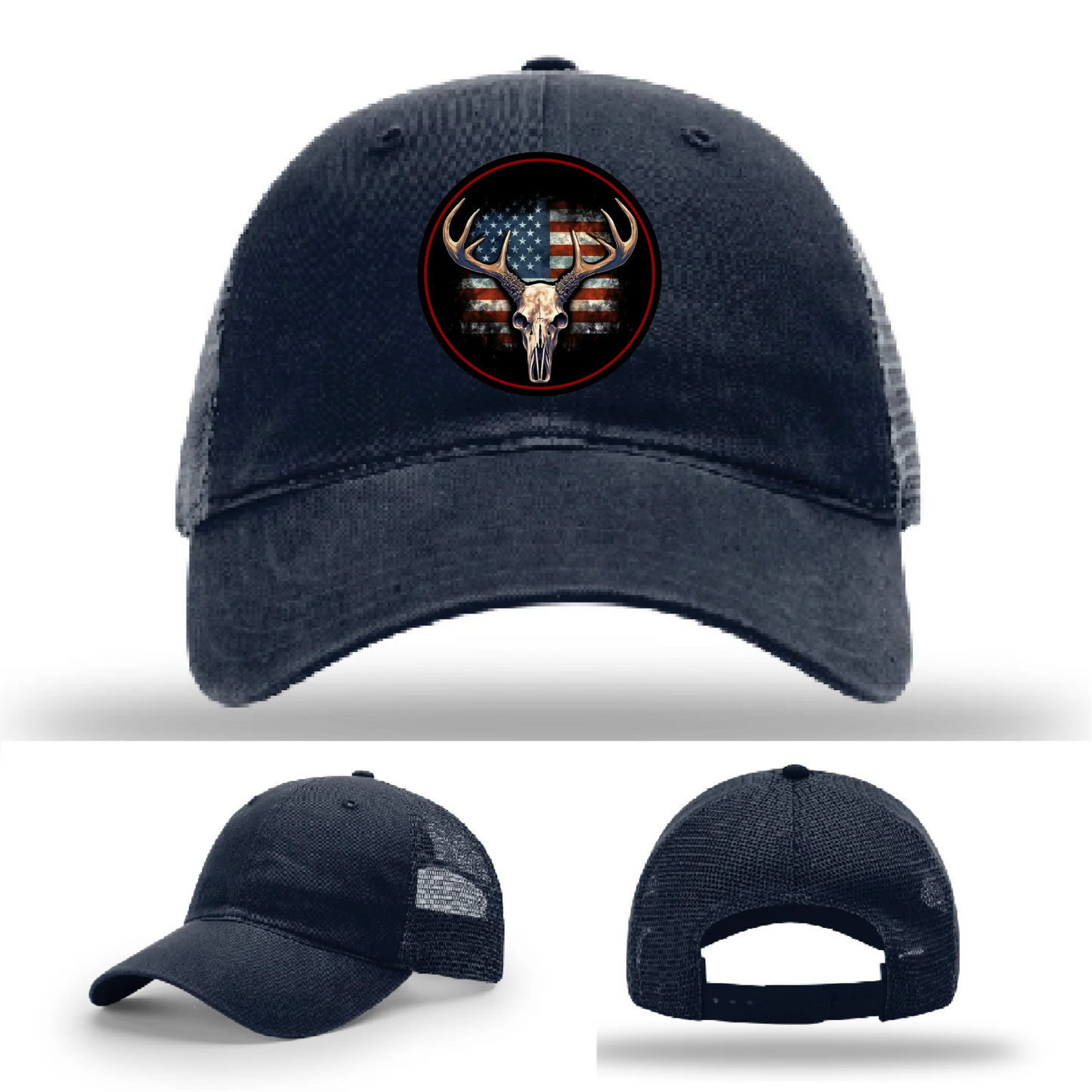 Patriotic Buck II Round Leather Patch Hat Deer Skull and Flag