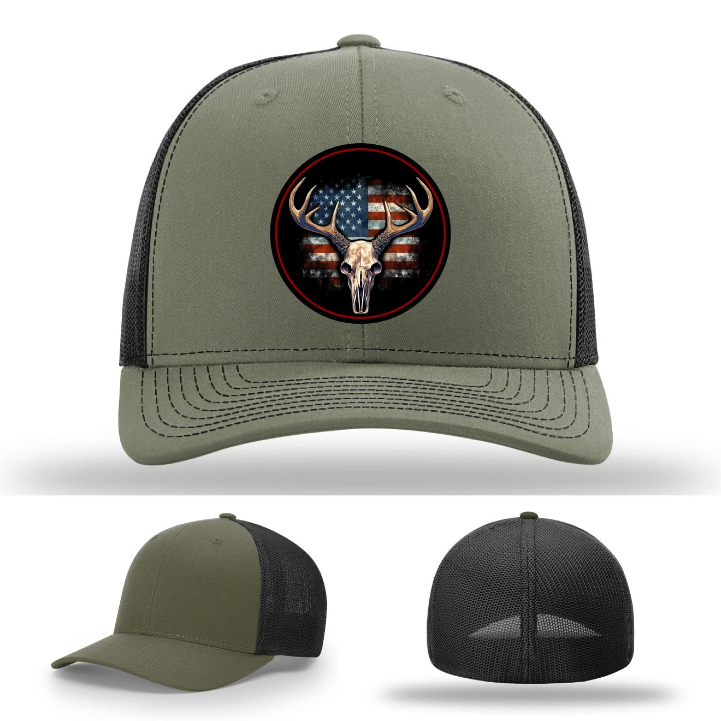 Patriotic Buck II Round Leather Patch Hat Deer Skull and Flag