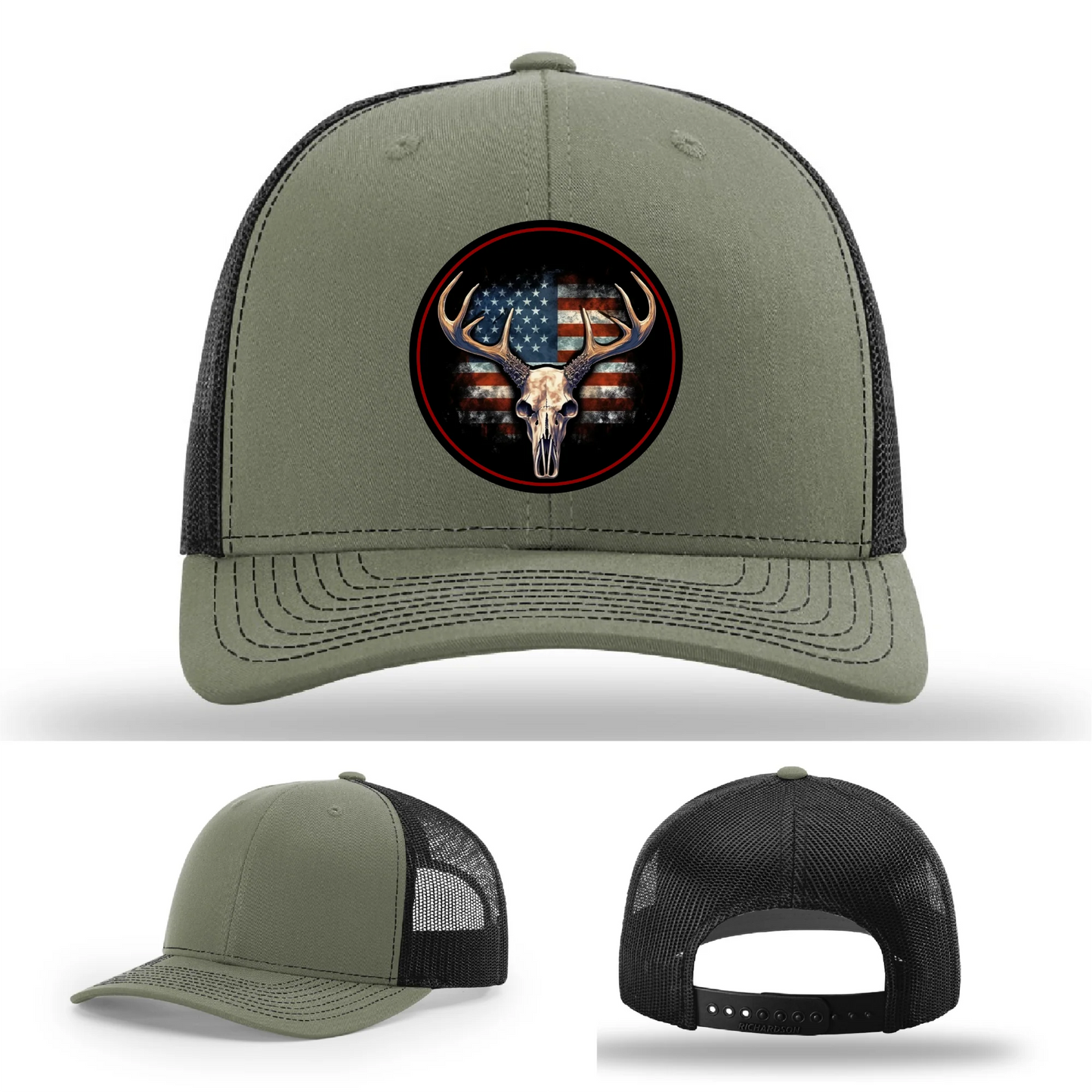 Patriotic Buck II Round Leather Patch Hat Deer Skull and Flag