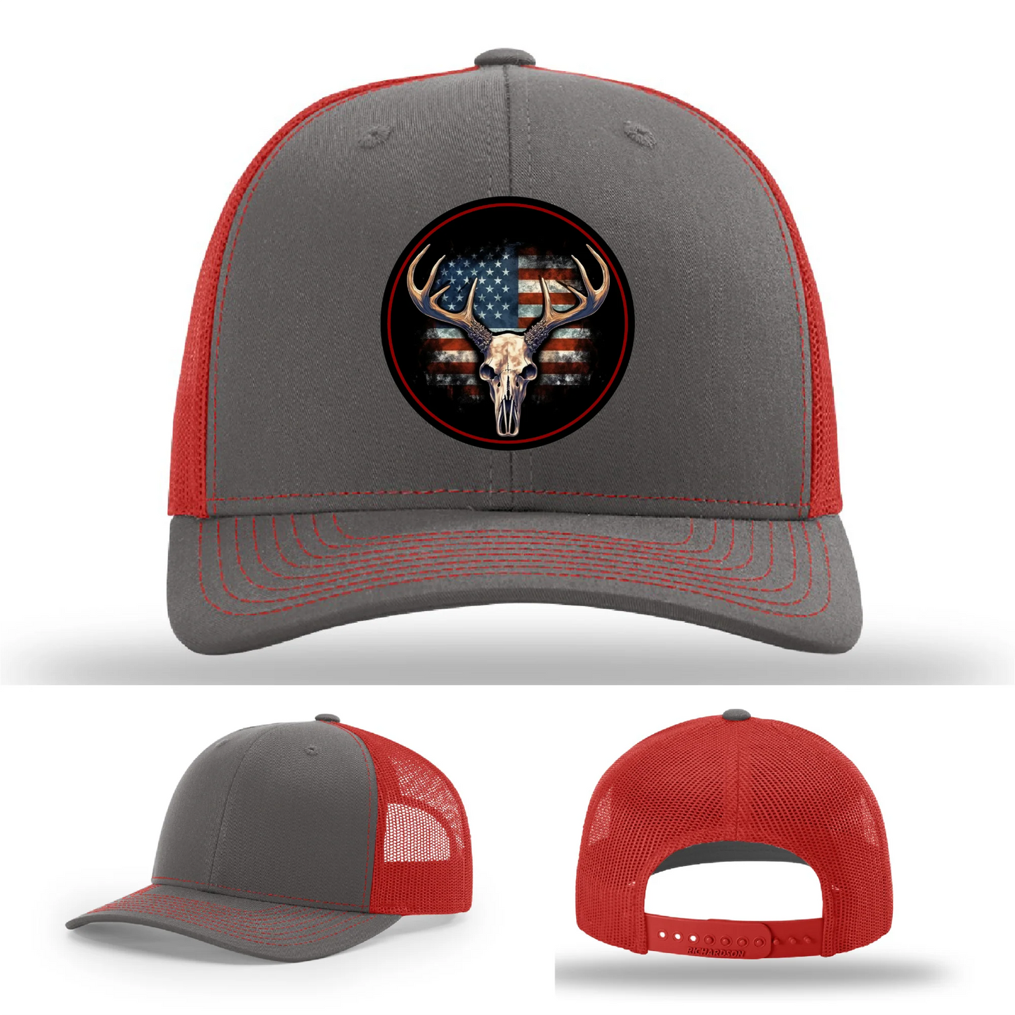 Patriotic Buck II Round Leather Patch Hat Deer Skull and Flag