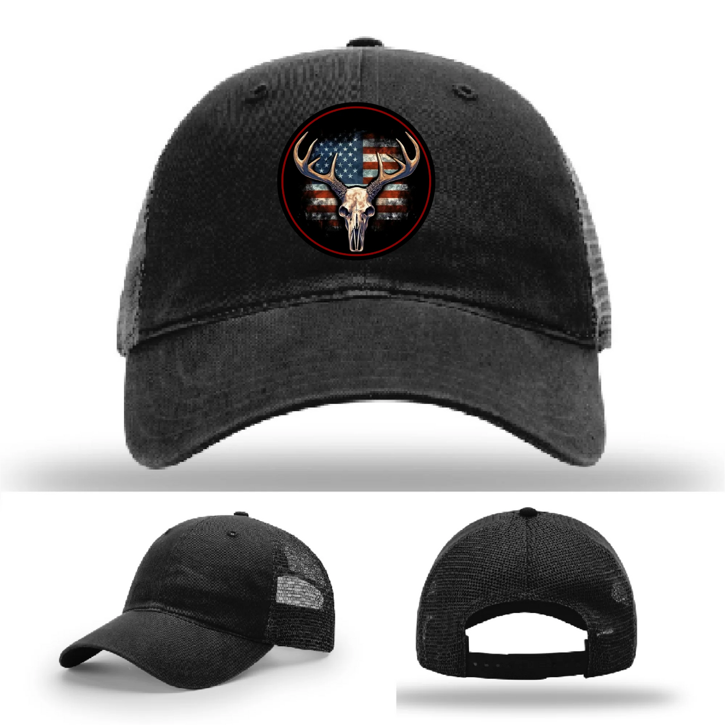 Patriotic Buck II Round Leather Patch Hat Deer Skull and Flag