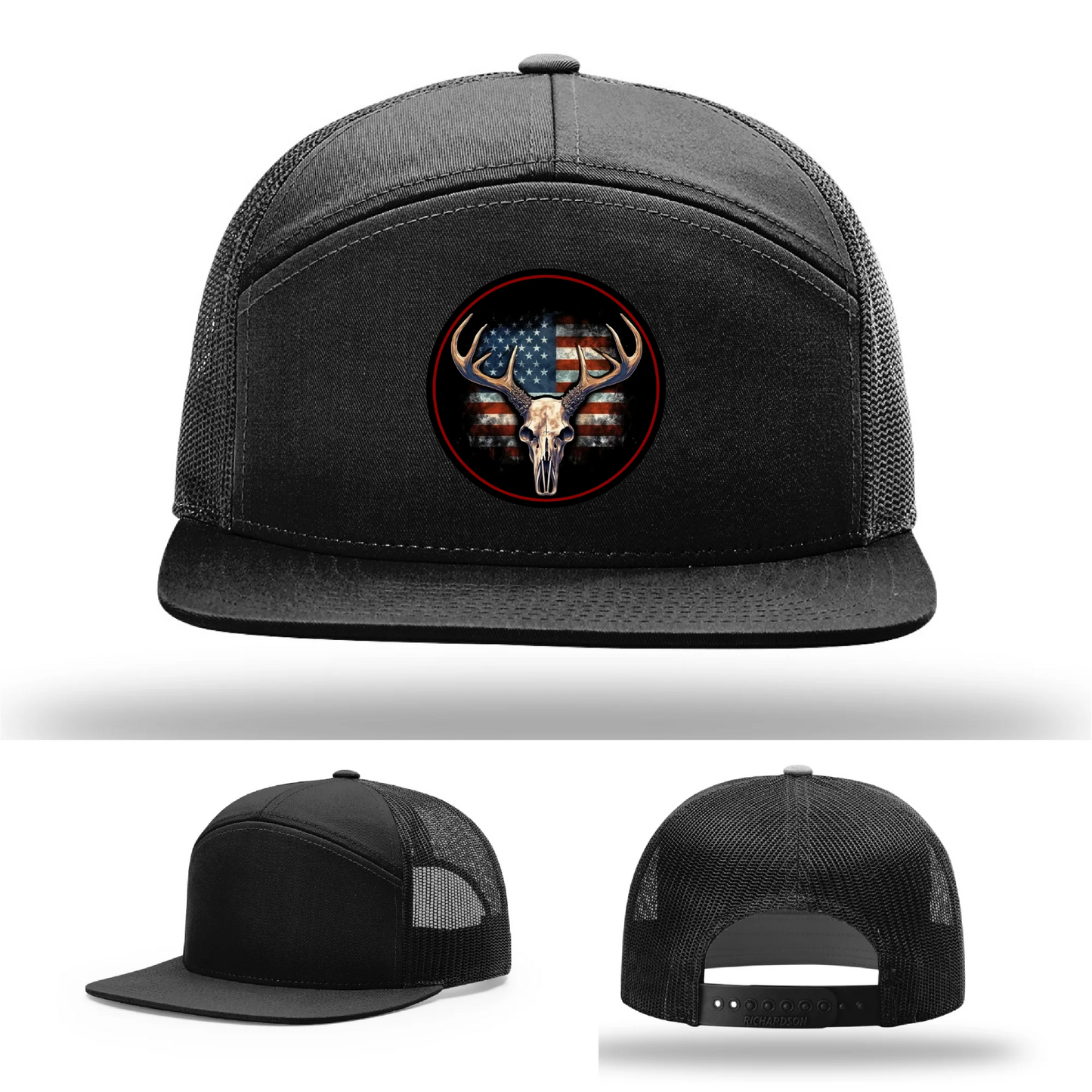 Patriotic Buck II Round Leather Patch Hat Deer Skull and Flag