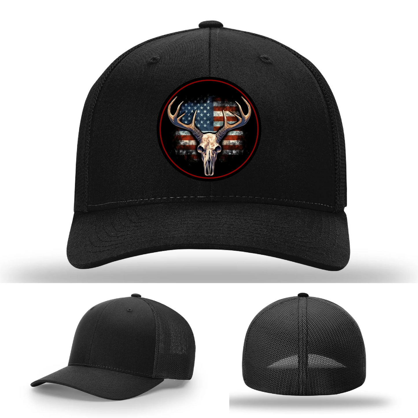 Patriotic Buck II Round Leather Patch Hat Deer Skull and Flag