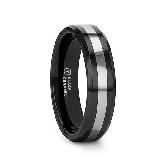 ASTADI Polished Black Beveled Ceramic Ring with Tungsten Inlay - 6mm (Limited Stock)